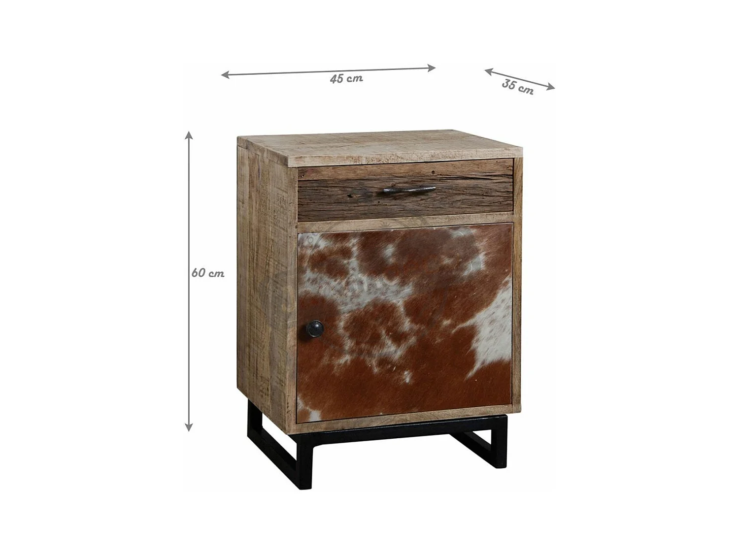 Table de nuit en manguier et peau de vache