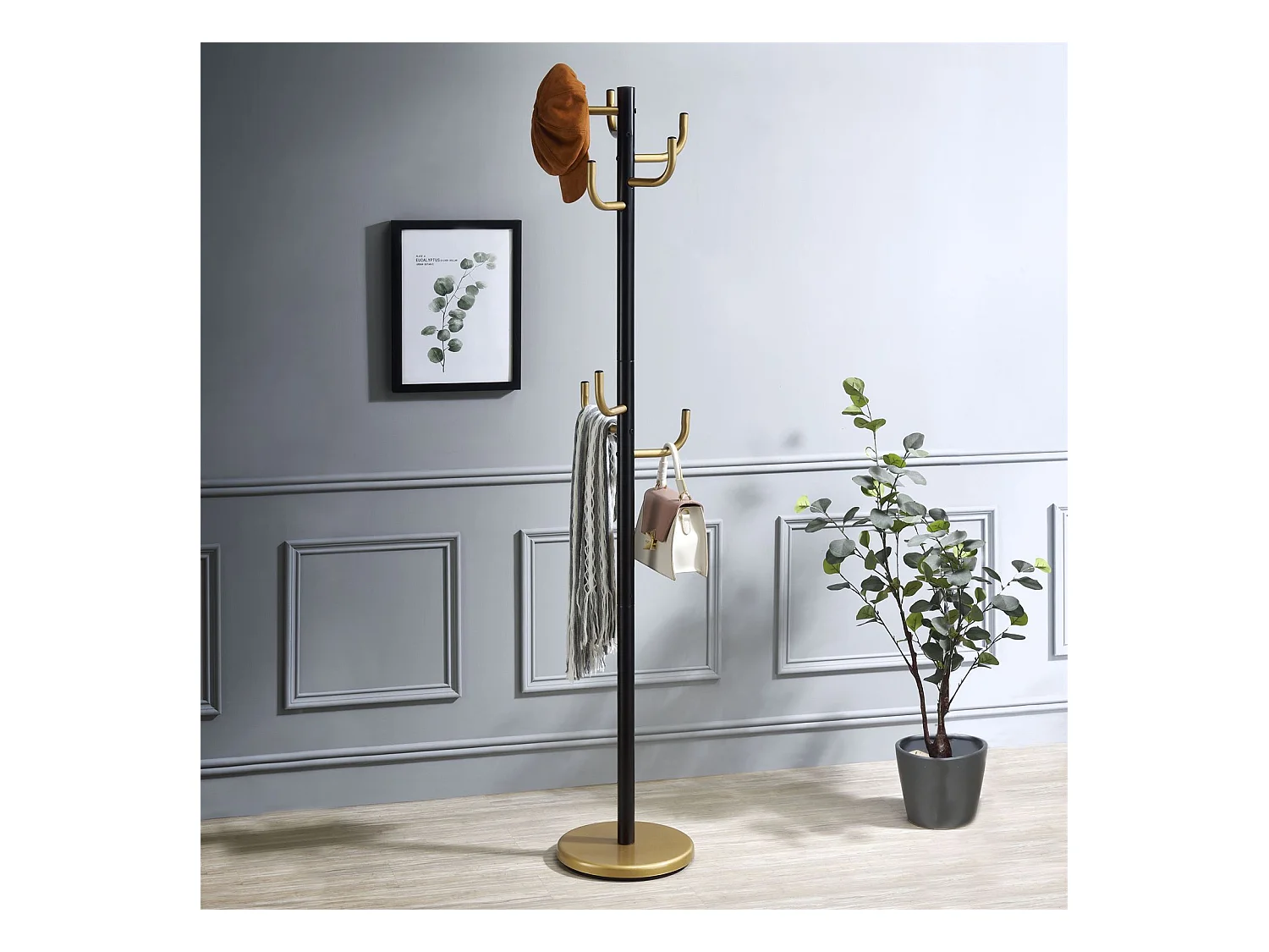 Porte-manteaux MILA portant pour vêtements sur pied hauteur 174 cm et 8 crochets, meuble d'entrée en métal laqué noir et or