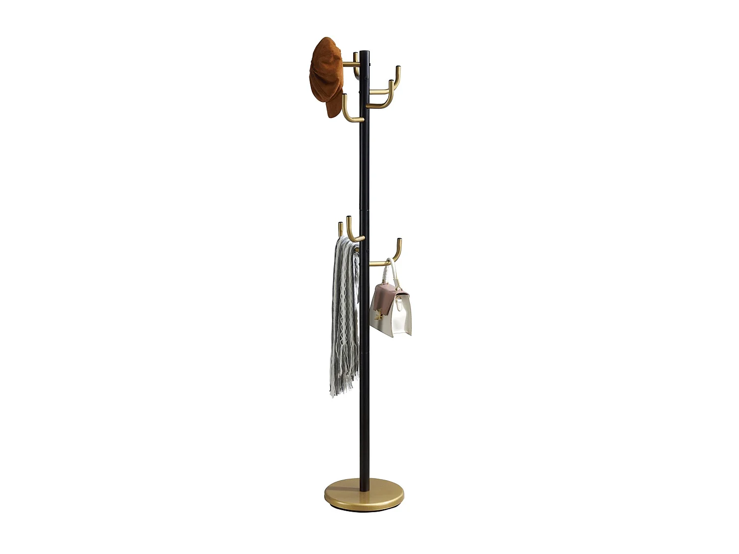 Porte-manteaux MILA portant pour vêtements sur pied hauteur 174 cm et 8 crochets, meuble d'entrée en métal laqué noir et or