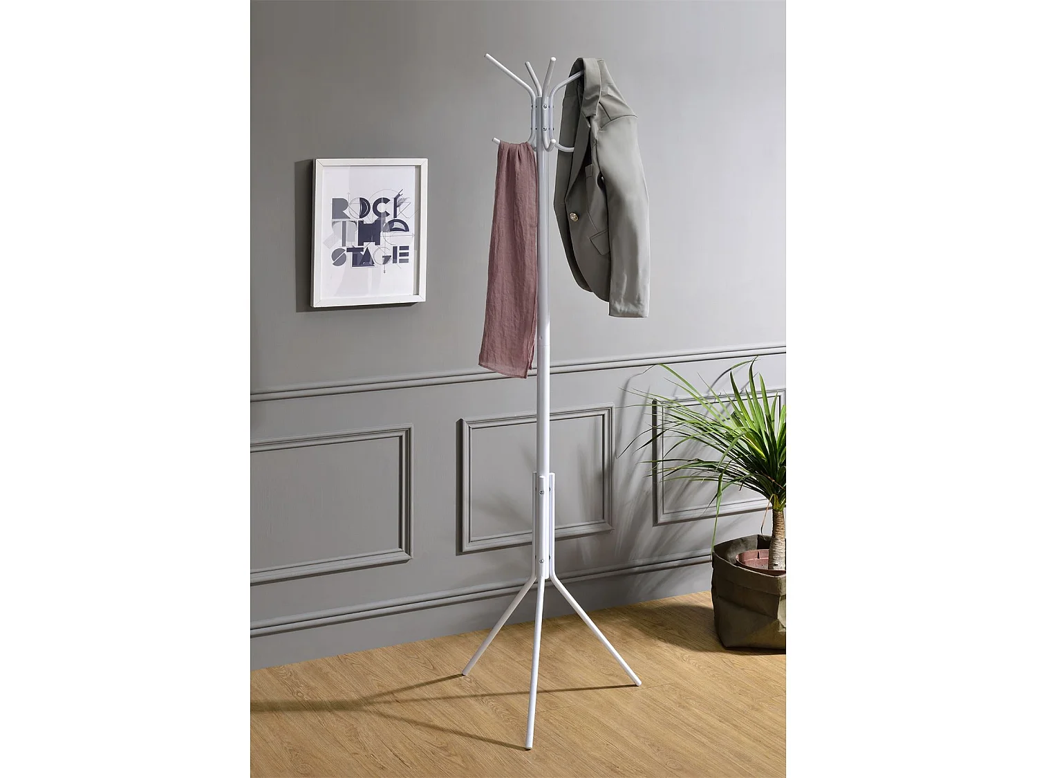 Porte-manteaux ARIST portant pour vêtements sur pied hauteur 174 cm avec 8 crochets, meuble d'entrée en métal laqué blanc