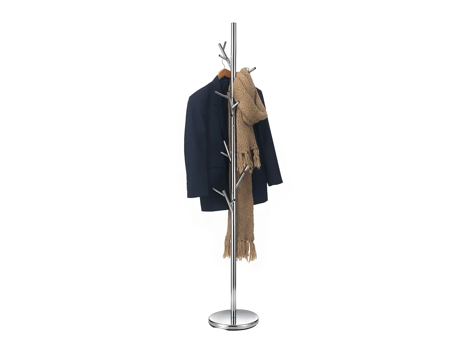 Porte-manteaux ZENO portant à vêtements sur pied en forme d'arbre avec 6 crochets sur différentes hauteurs, en métal chromé
