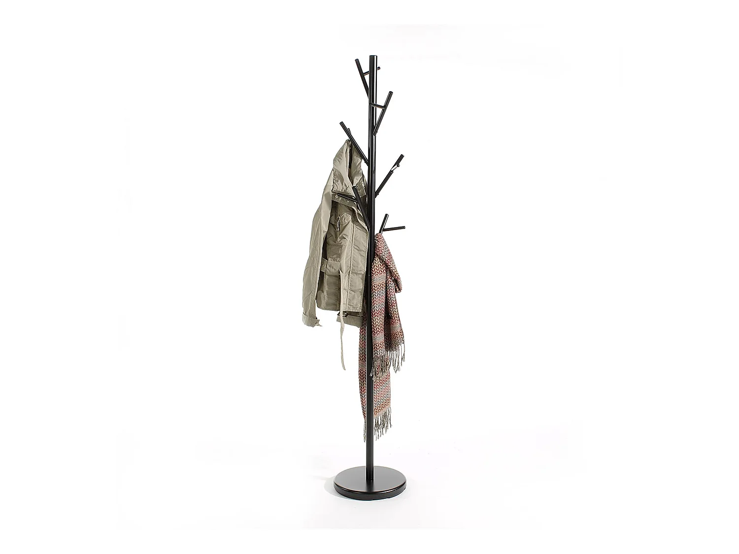 Porte-manteaux ZENO portant à vêtements sur pied en forme d'arbre avec 6 crochets sur différentes hauteurs, en métal laqué noir