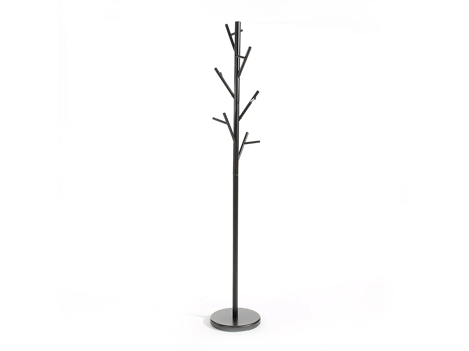 Porte-manteaux ZENO portant à vêtements sur pied en forme d'arbre avec 6 crochets sur différentes hauteurs, en métal laqué noir