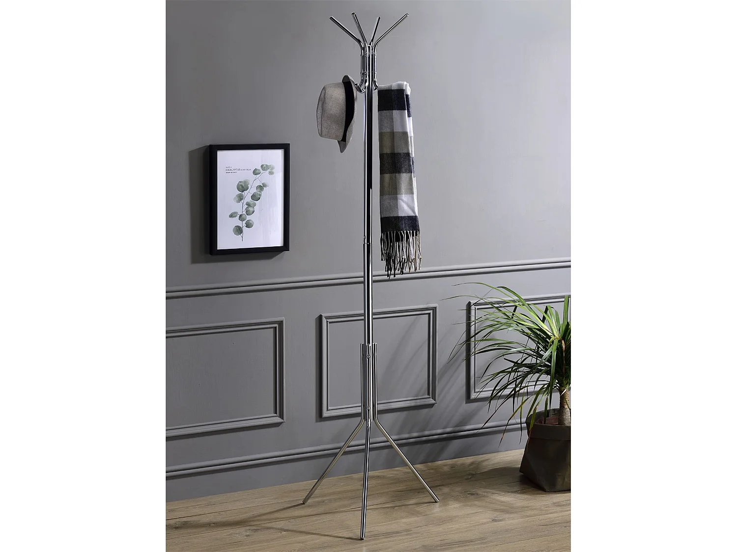 Porte-manteaux ARIST portant pour vêtements sur pied hauteur 174 cm avec 8 crochets, meuble d'entrée en métal chromé