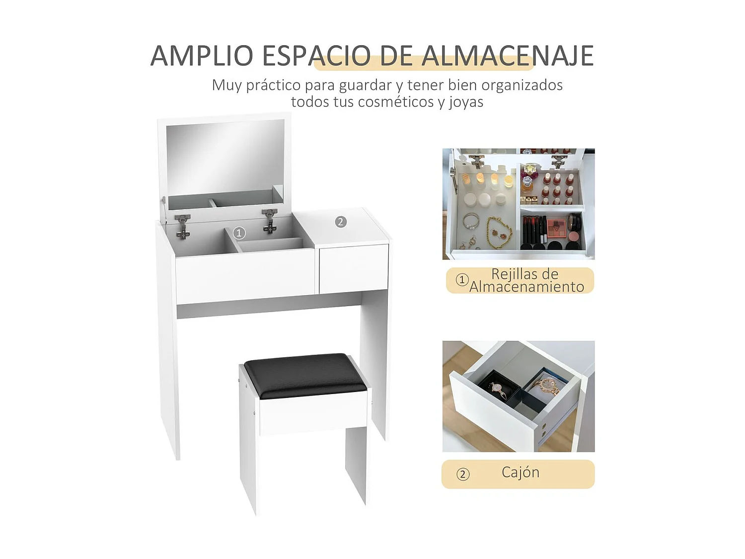 Mesa para maquillaje con taburete blanco 80x40x79cm HOMCOM