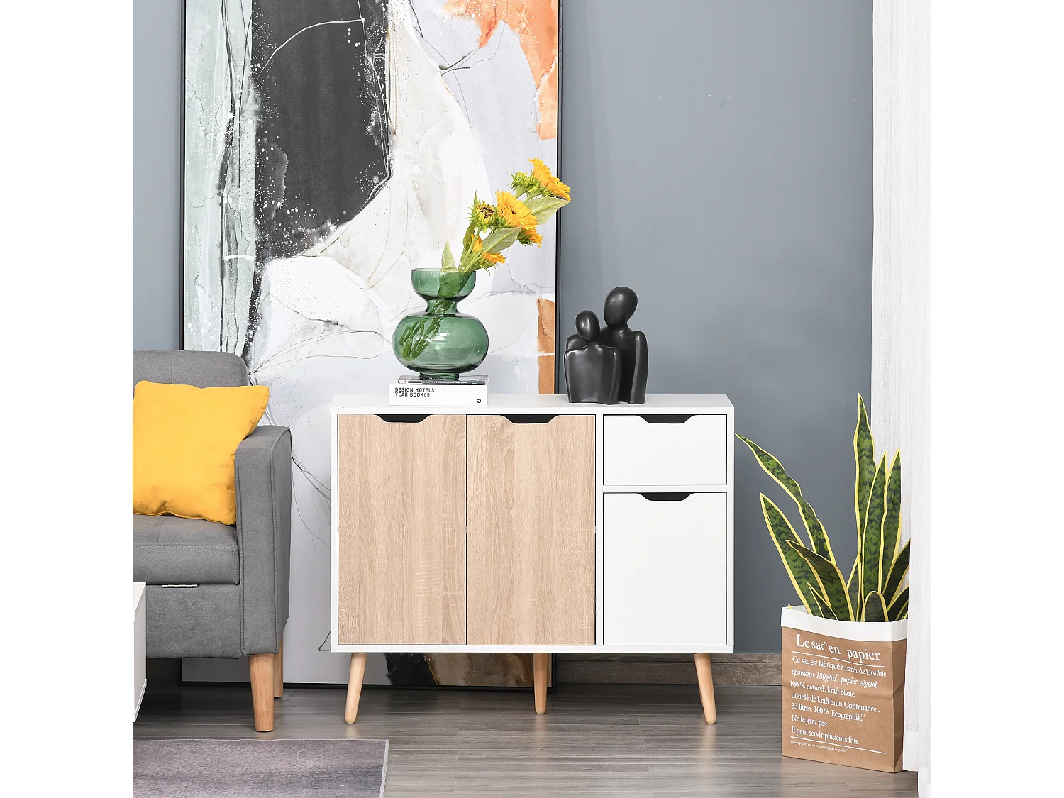 Aparador blanco y madera natural 90x30x72 cm HOMCOM