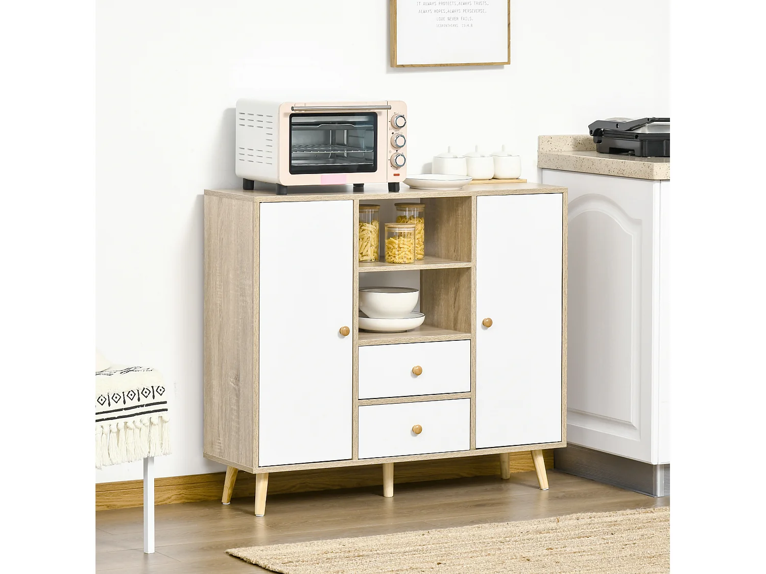 Aparador de salón natural y blanco 100x30x85 cm HOMCOM