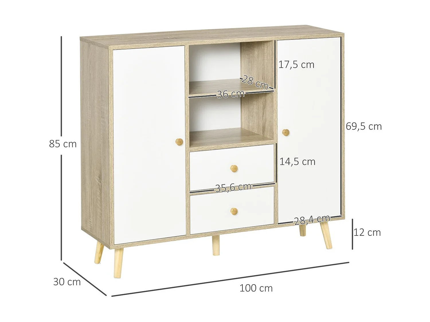 Aparador de salón natural y blanco 100x30x85 cm HOMCOM