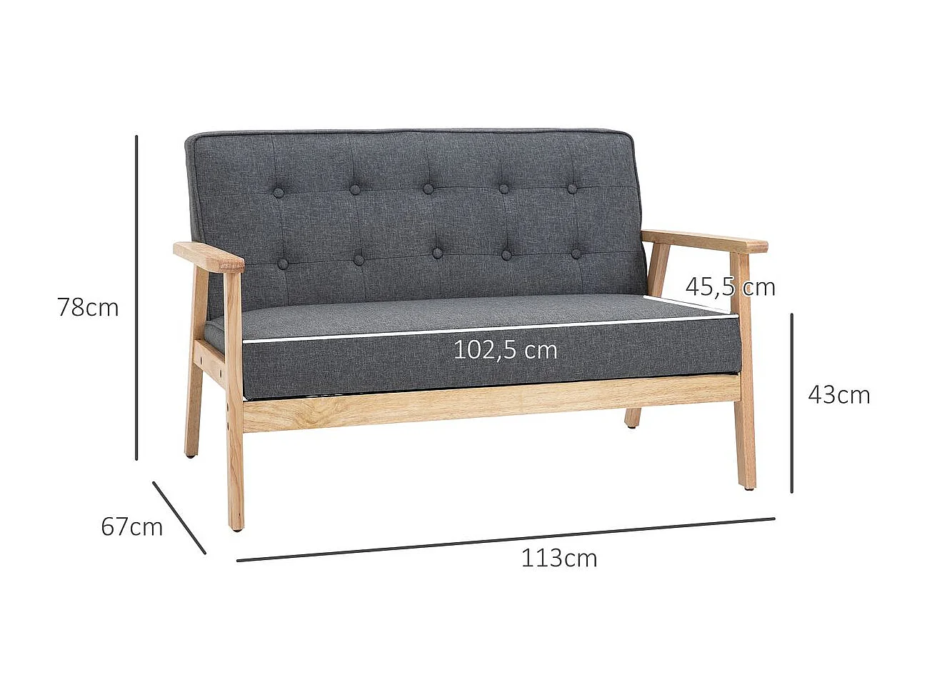 Sofá de 2 plazas gris 114x66x69 cm HOMCOM