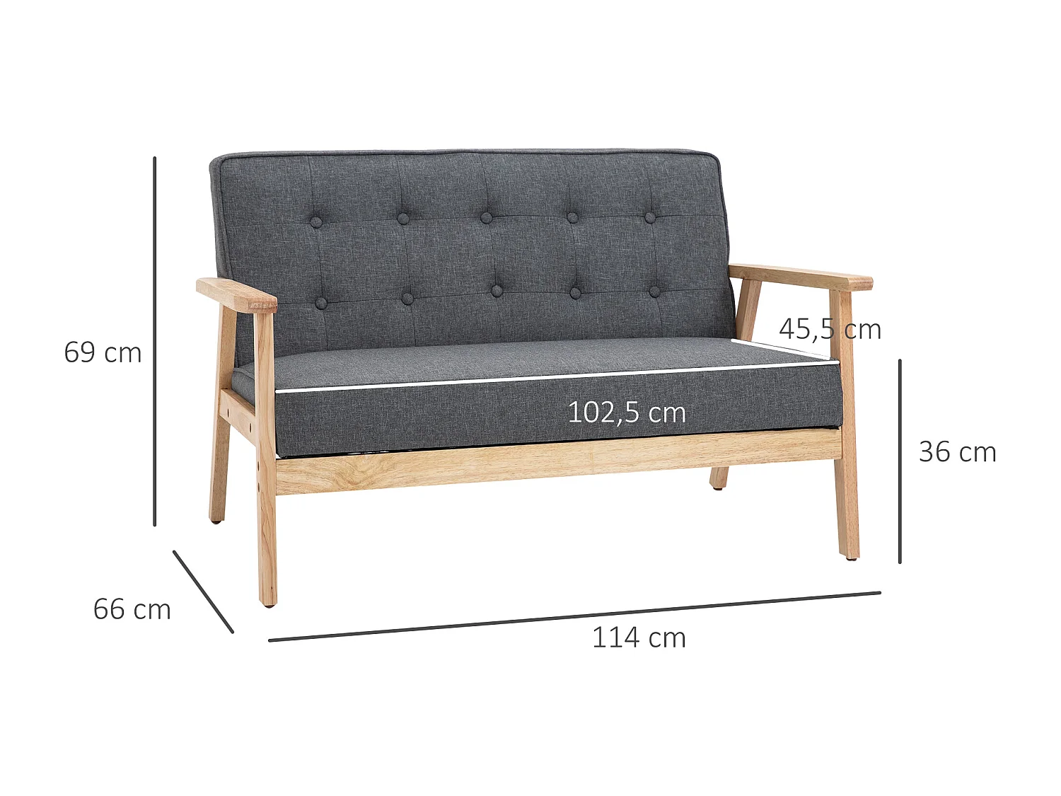 Sofá de 2 plazas gris 114x66x69 cm HOMCOM