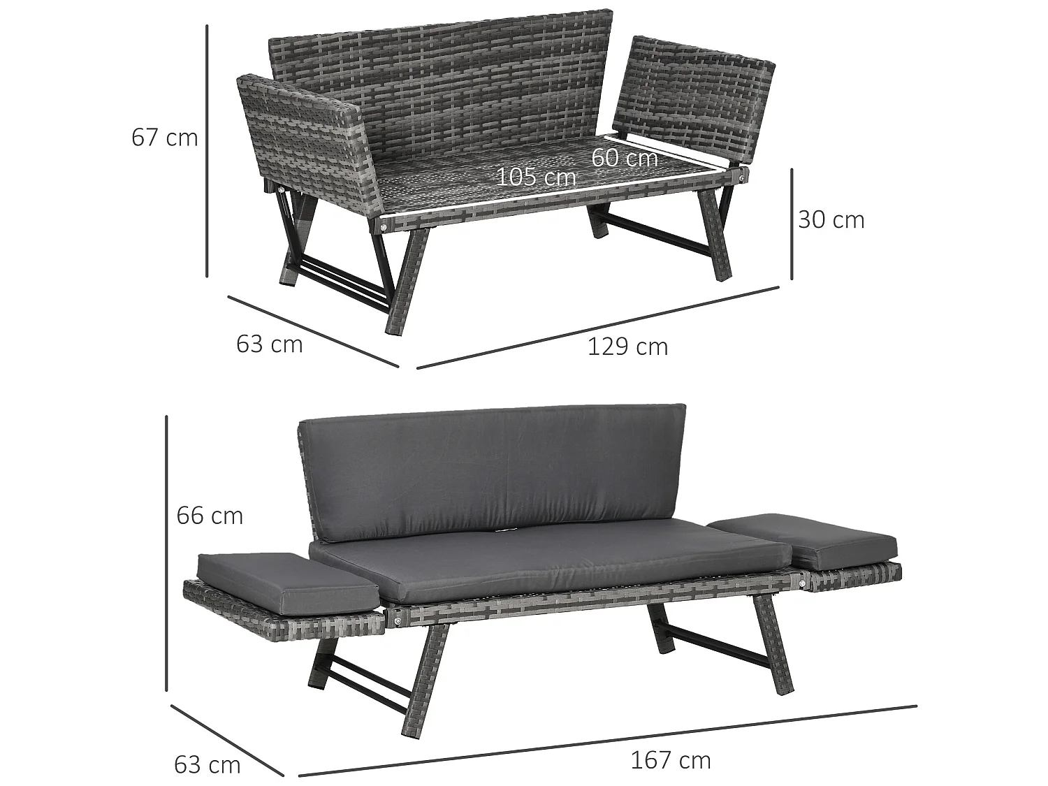 Sofá de ratán de 2 plazas gris 129x63x67 cm Outsunny