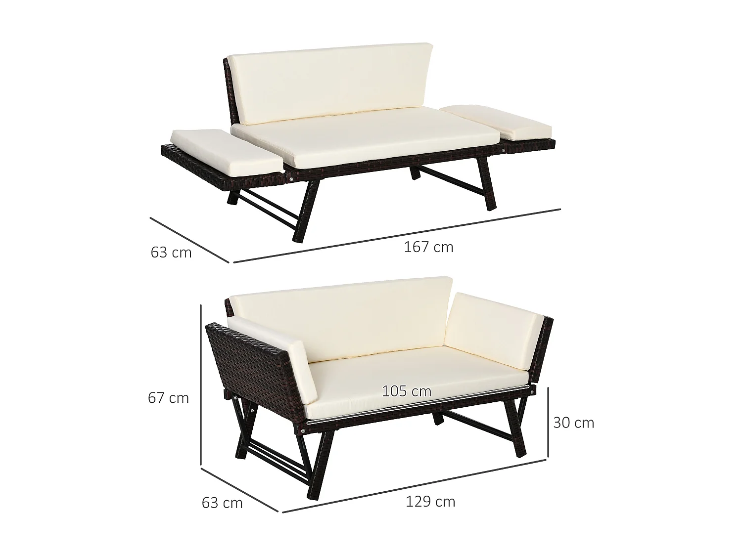 Sofá de ratán de 2 plazas beige 129x63x67 cm Outsunny