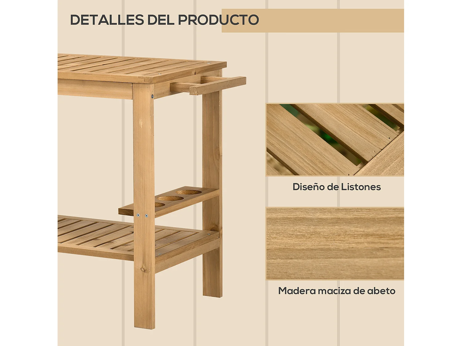 Carrito de servicio madera natural 95x47x74 cm Outsunny