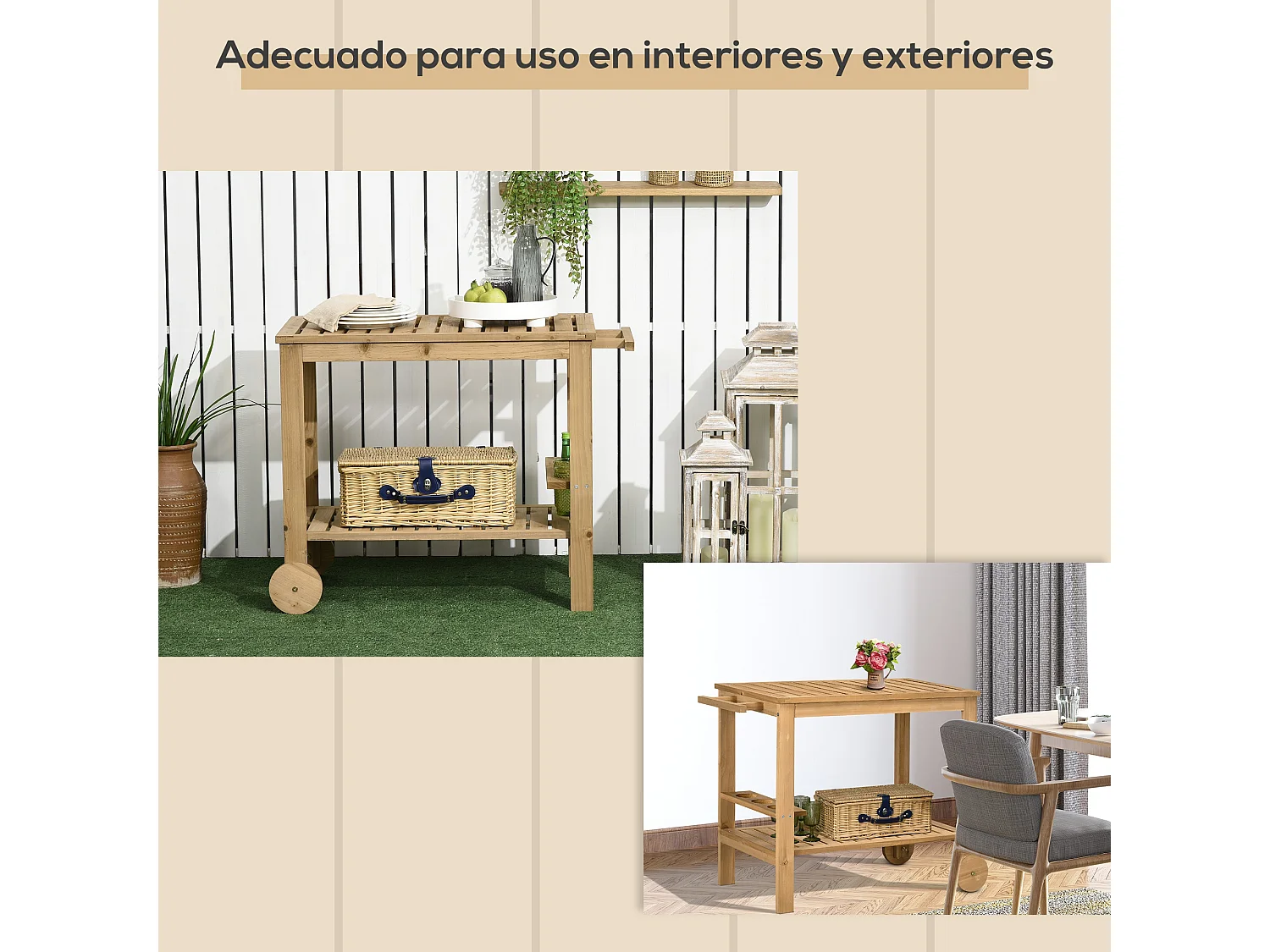 Carrito de servicio madera natural 95x47x74 cm Outsunny