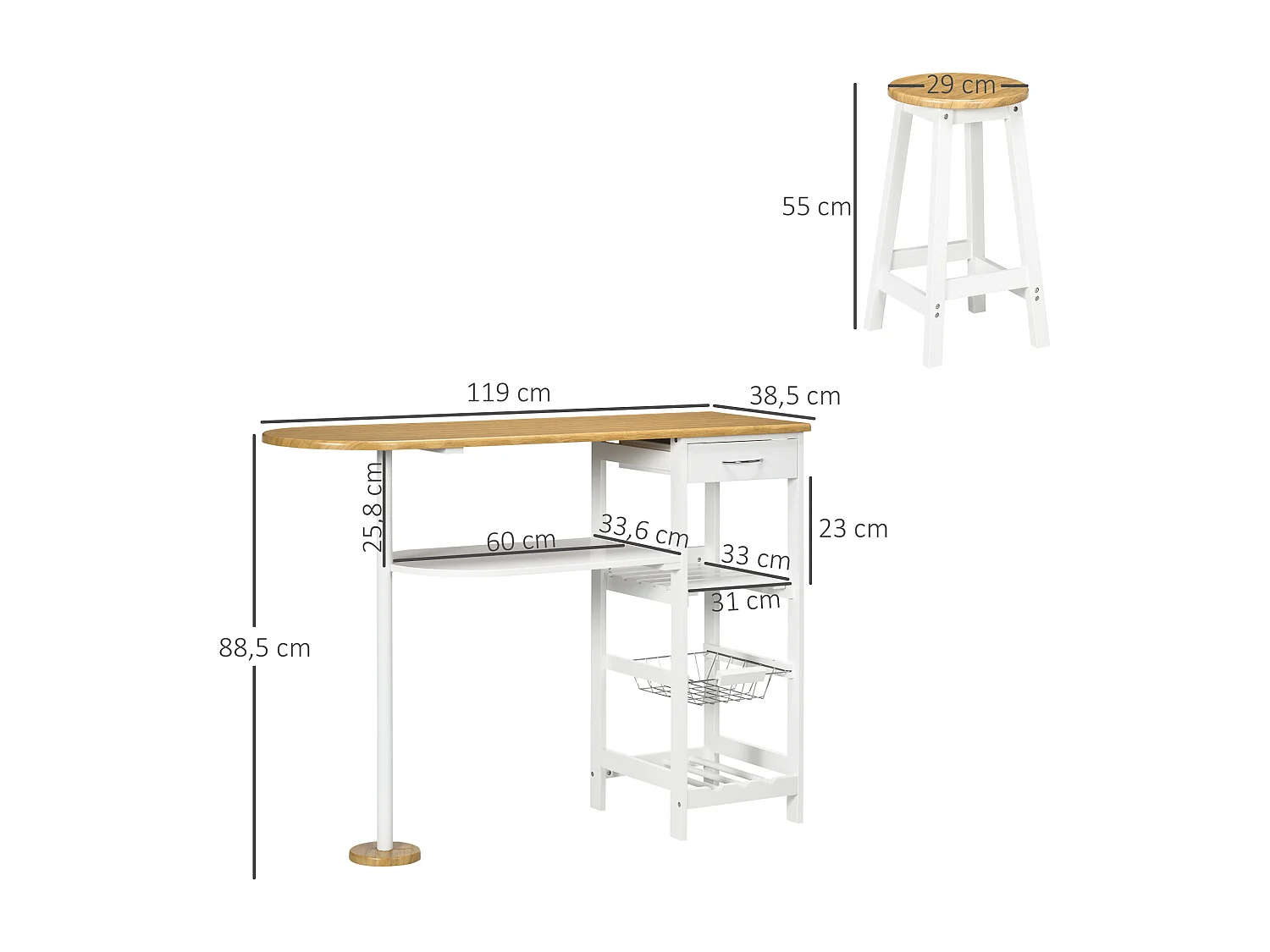 Conjunto de bar blanco y natural 119x38.5x88.5 cm HOMCOM