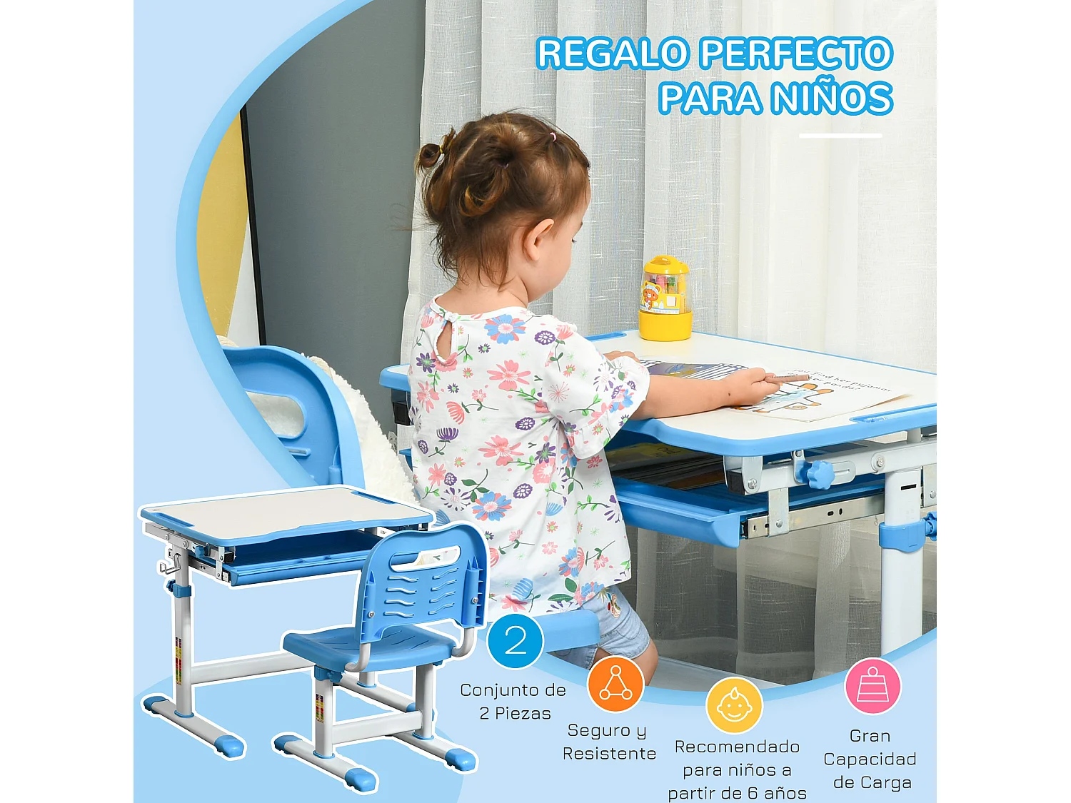 Pupitre infantil con silla azul 66x47x77 cm HOMCOM