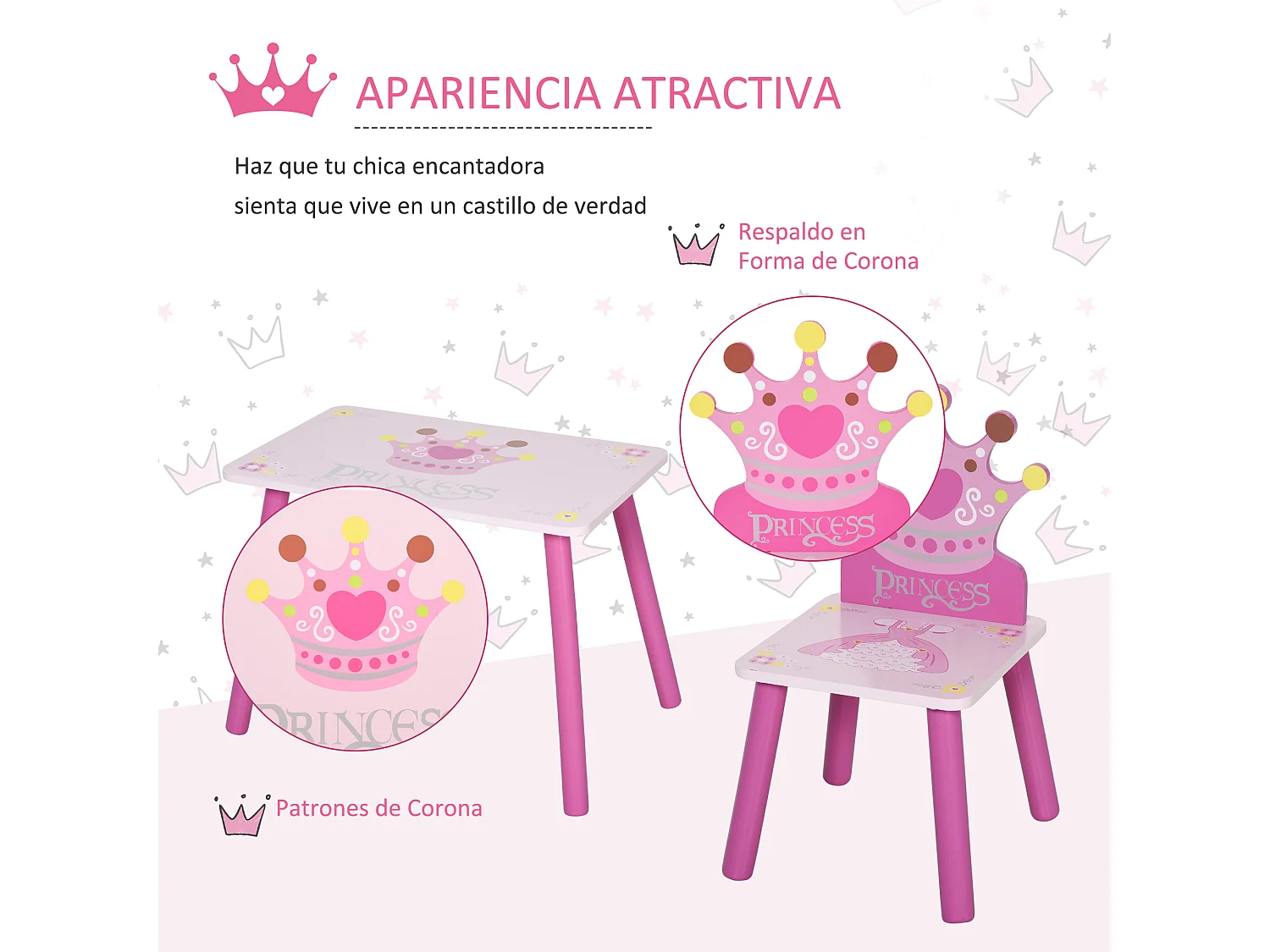 Juego de mesa y 2 sillas infantiles rosa 55x34x42 cm HOMCOM