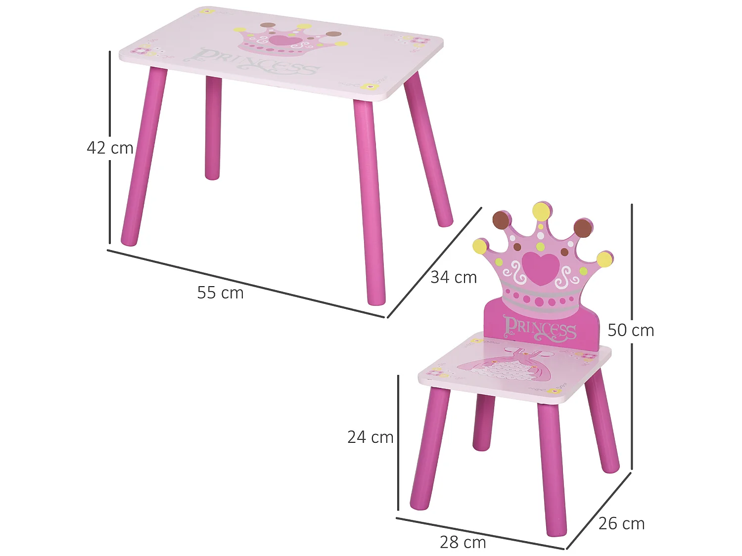 Juego de mesa y 2 sillas infantiles rosa 55x34x42 cm HOMCOM