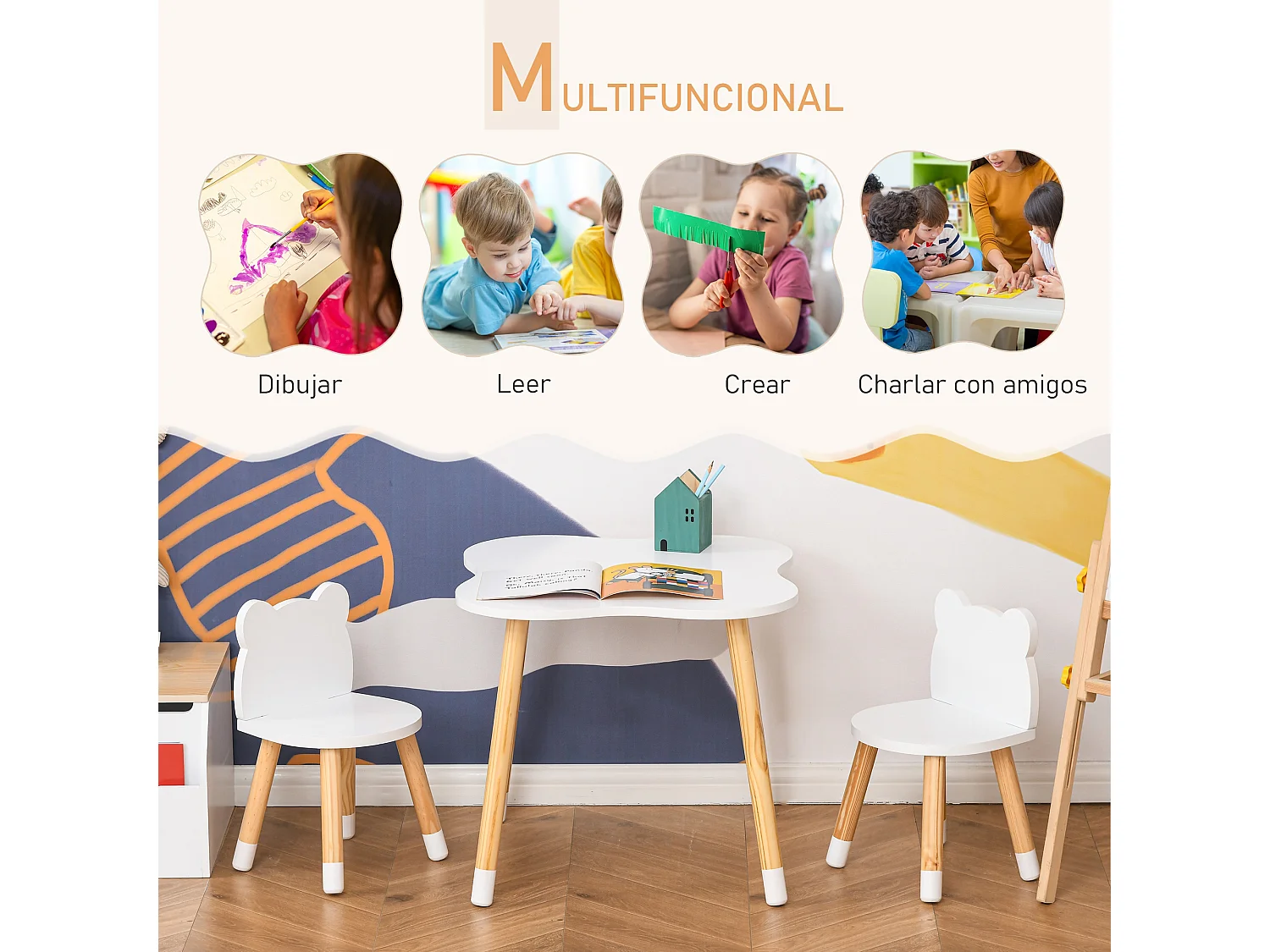 Juego infantil de mesa y 2 sillas blanco 56x56x50 cm HOMCOM