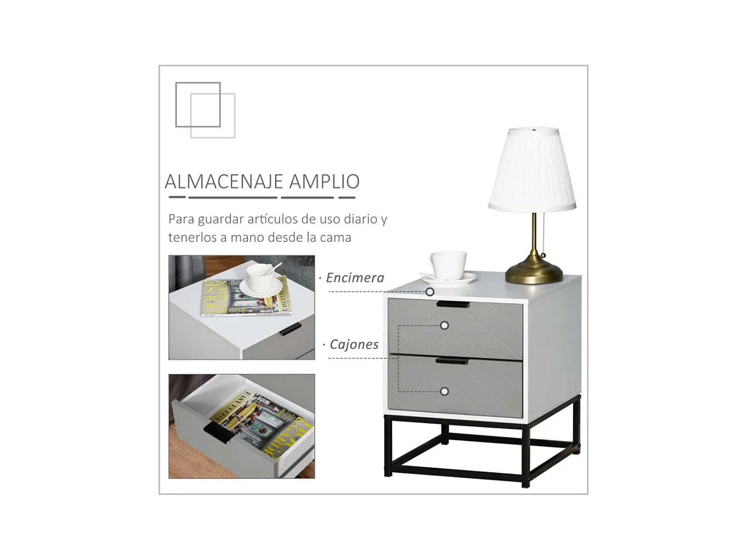 Mesita de noche blanco, gris, negro 39.5x40x48 cm HOMCOM