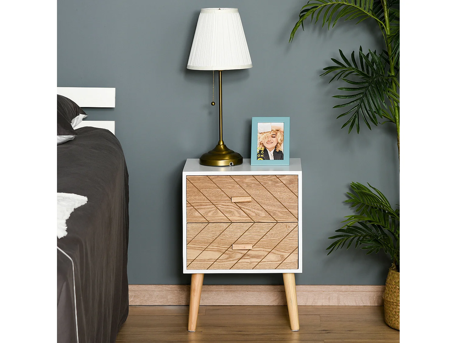 Mesita de noche blanco y madera 40x30x55,5cm HOMCOM