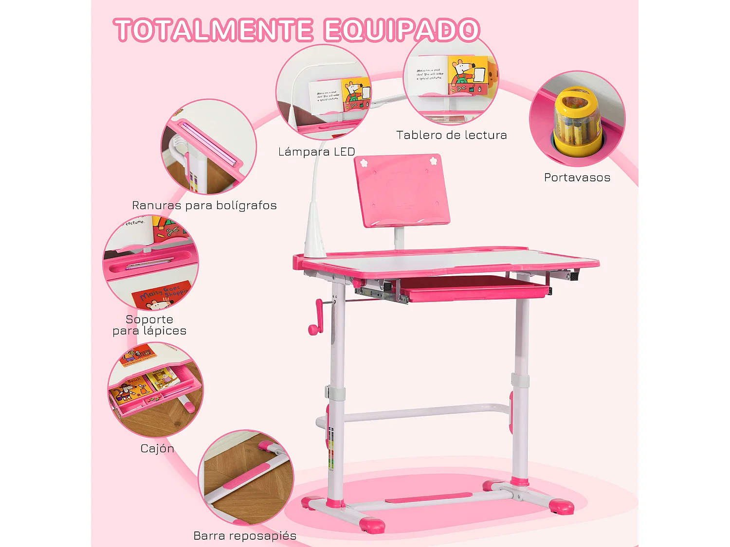 Pupitre infantil rosa 80x49.5x104 cm HOMCOM