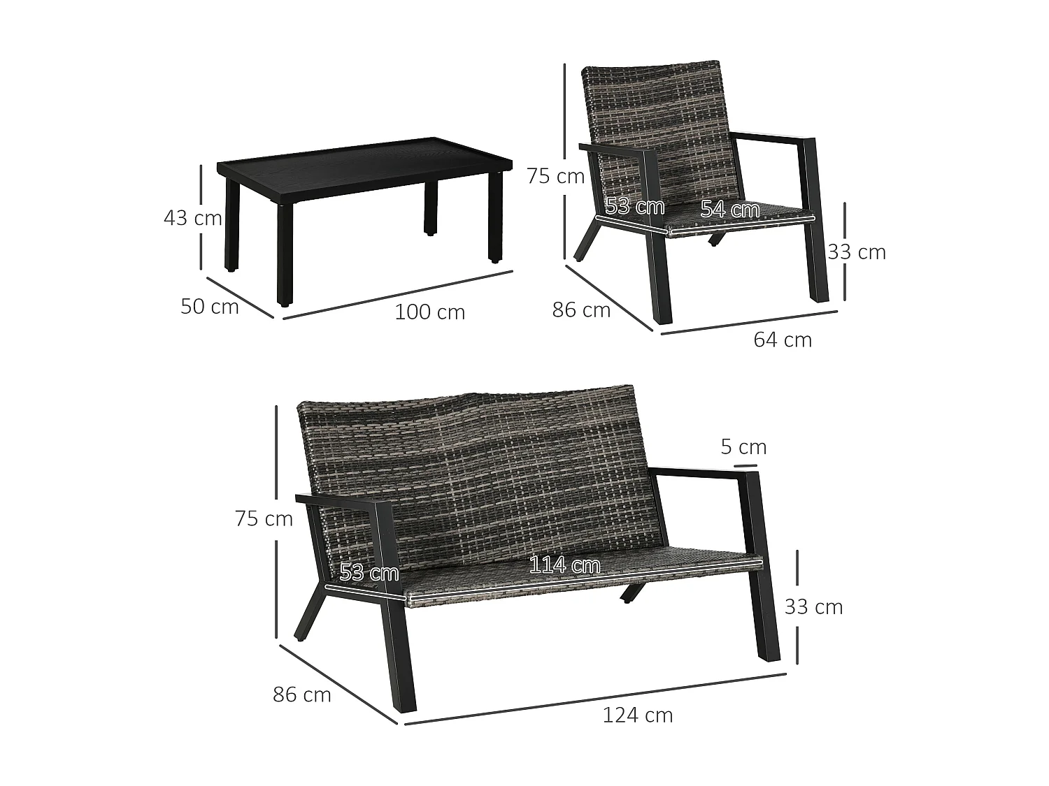 Muebles de ratán negro 124x86x75 cm Outsunny