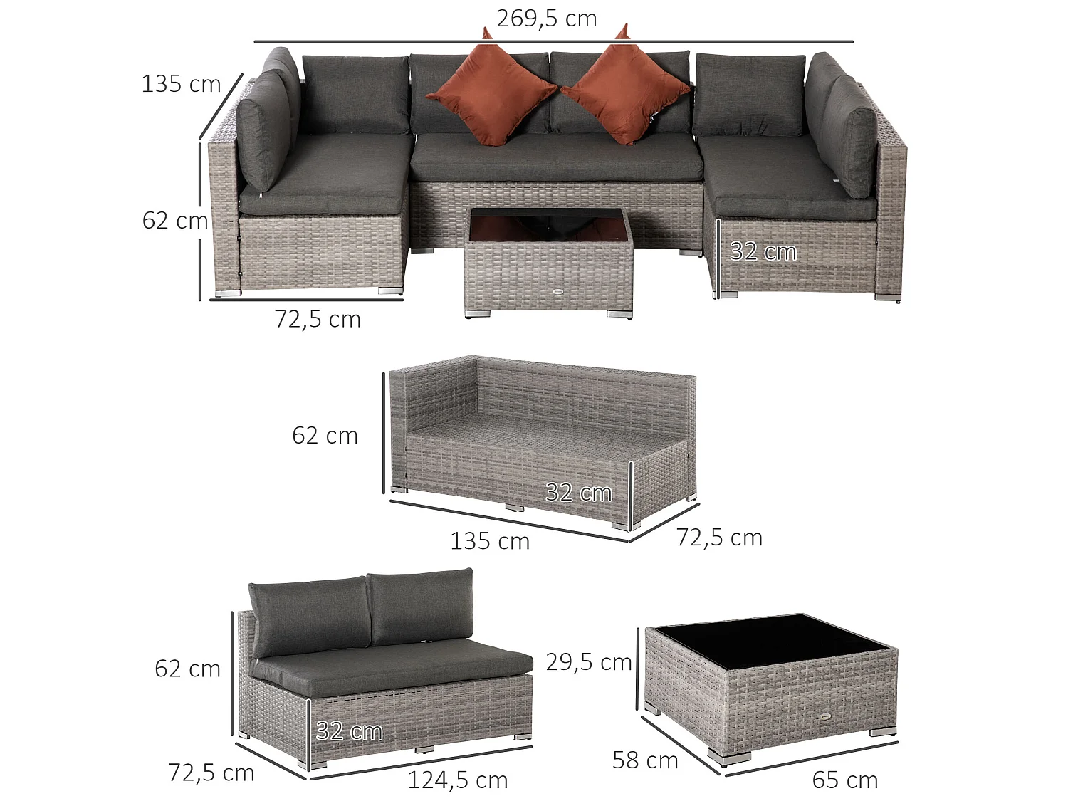 Conjunto de muebles de ratán gris 135x72.5x62 cm Outsunny