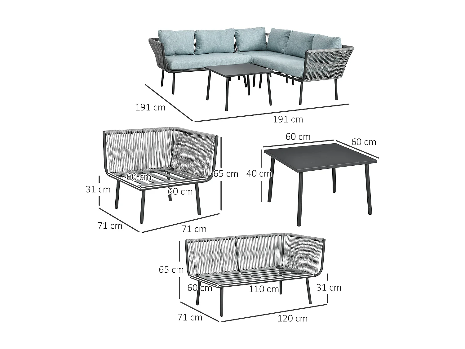 Muebles de ratán gris 120x71x65 cm Outsunny
