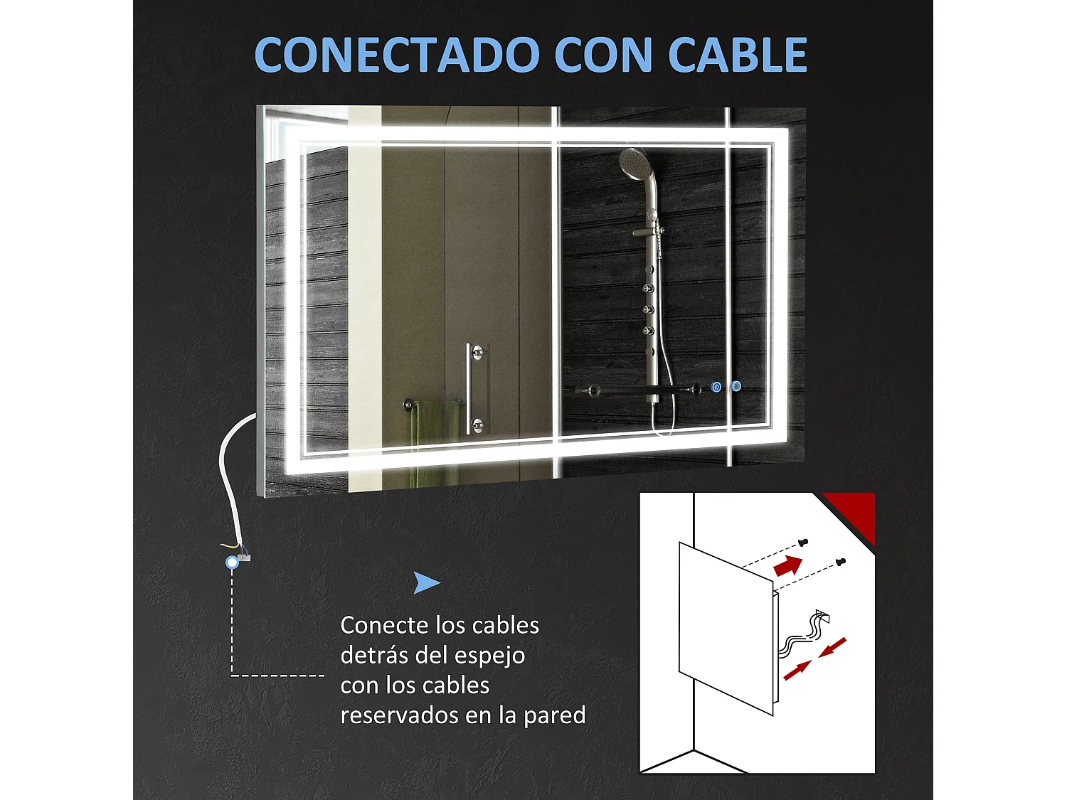 Espejo de baño plata 100x60x3.2 cm kleankin