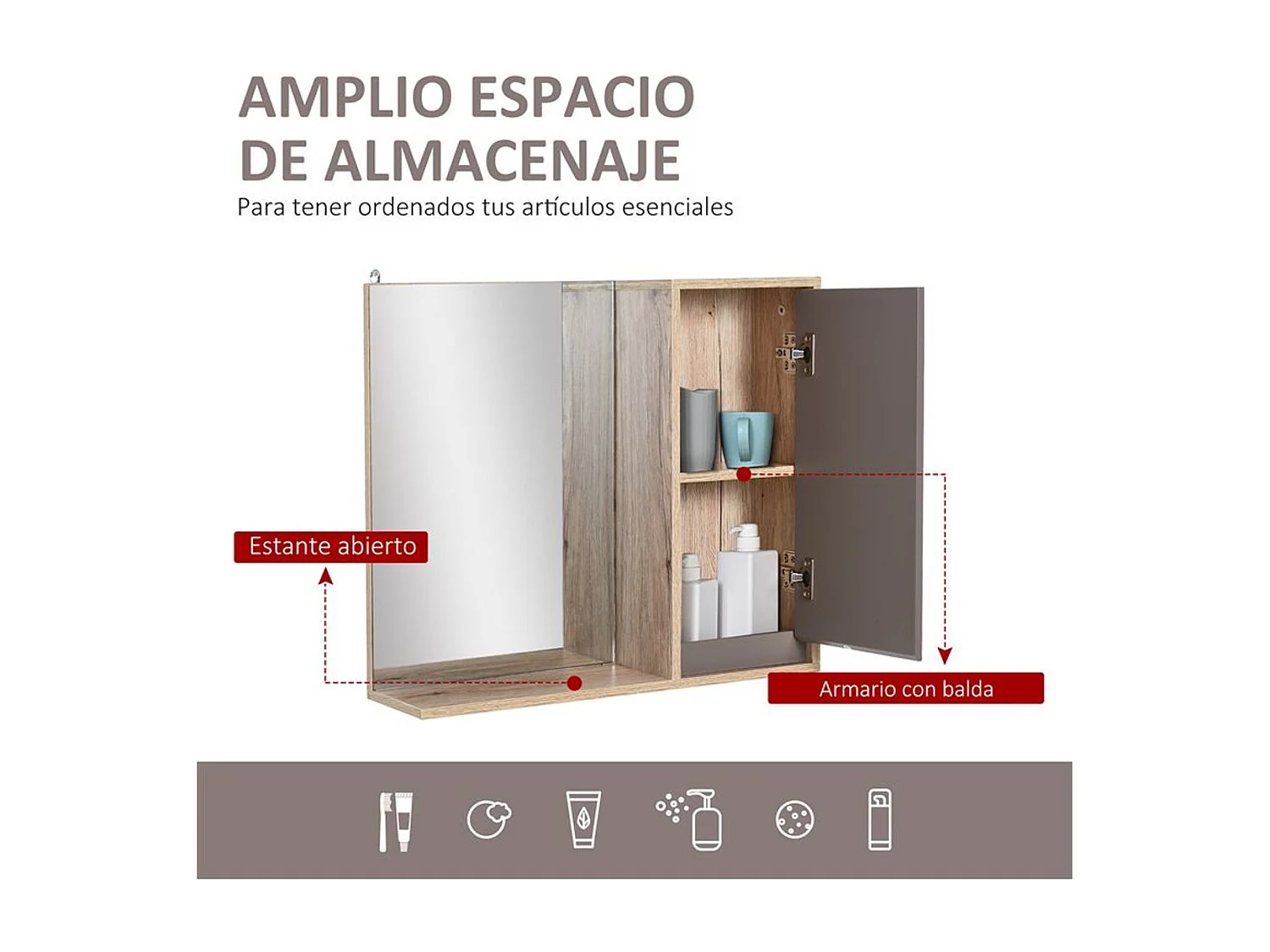 Armario de baño con espejo roble 57x14.2x49.2 cm HOMCOM