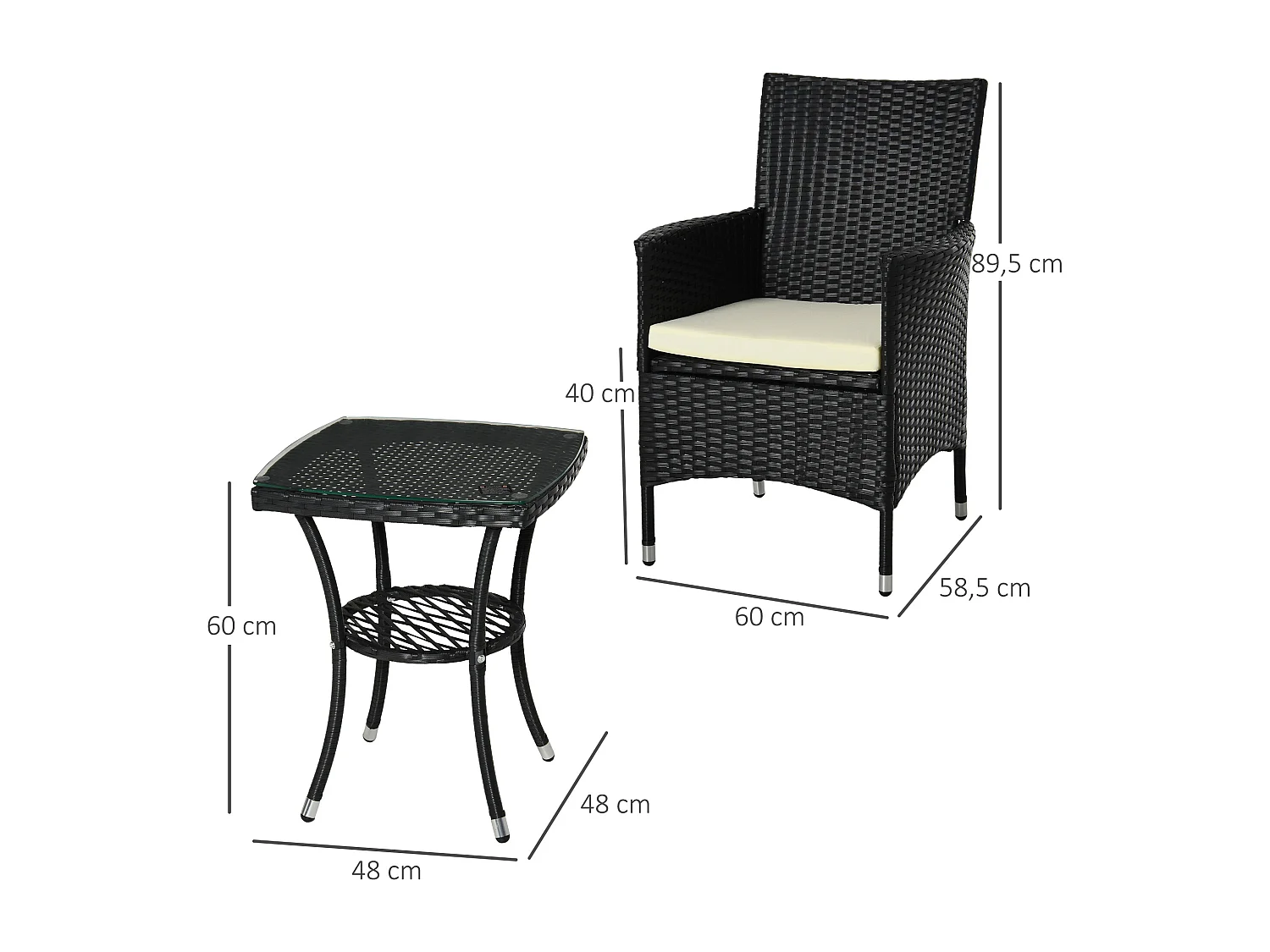 Conjunto de muebles ratán para jardín negro 60x58,5x89,5 cm Outsunny