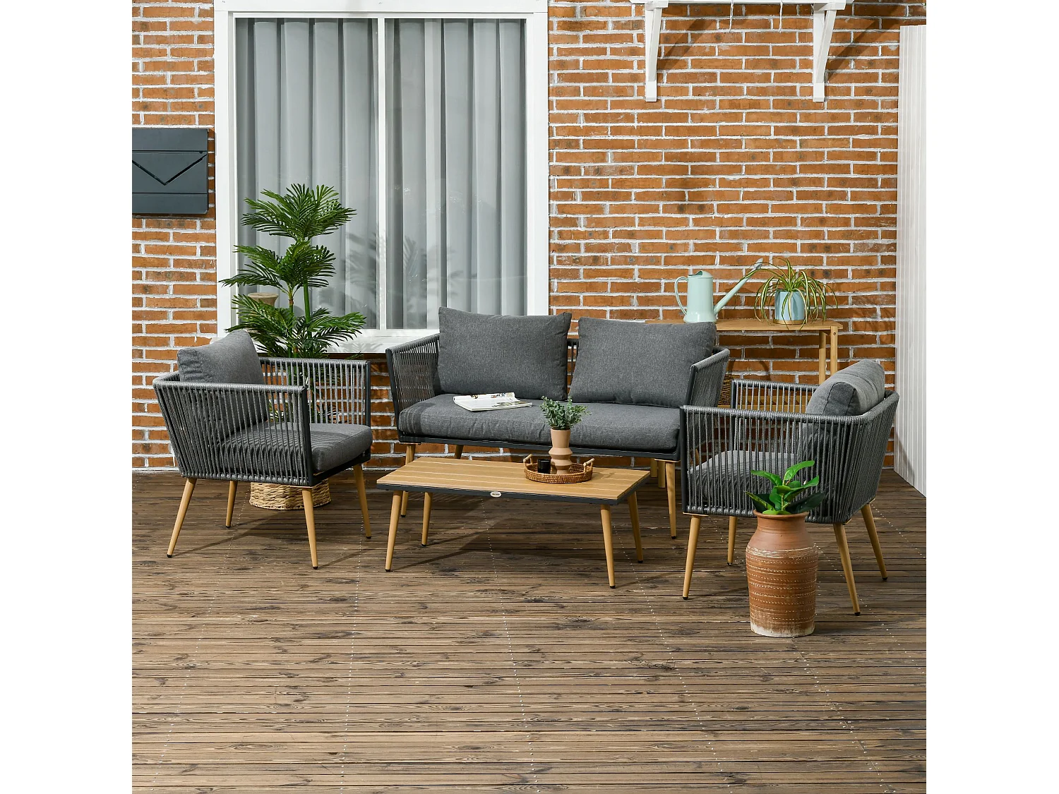 Tuinmeubelset – 90x50x35 cm, 130x65x68 cm, 73x65x68 cm – Grijs – Staal, riet, PE, polyester, schuim, hout, kunststof