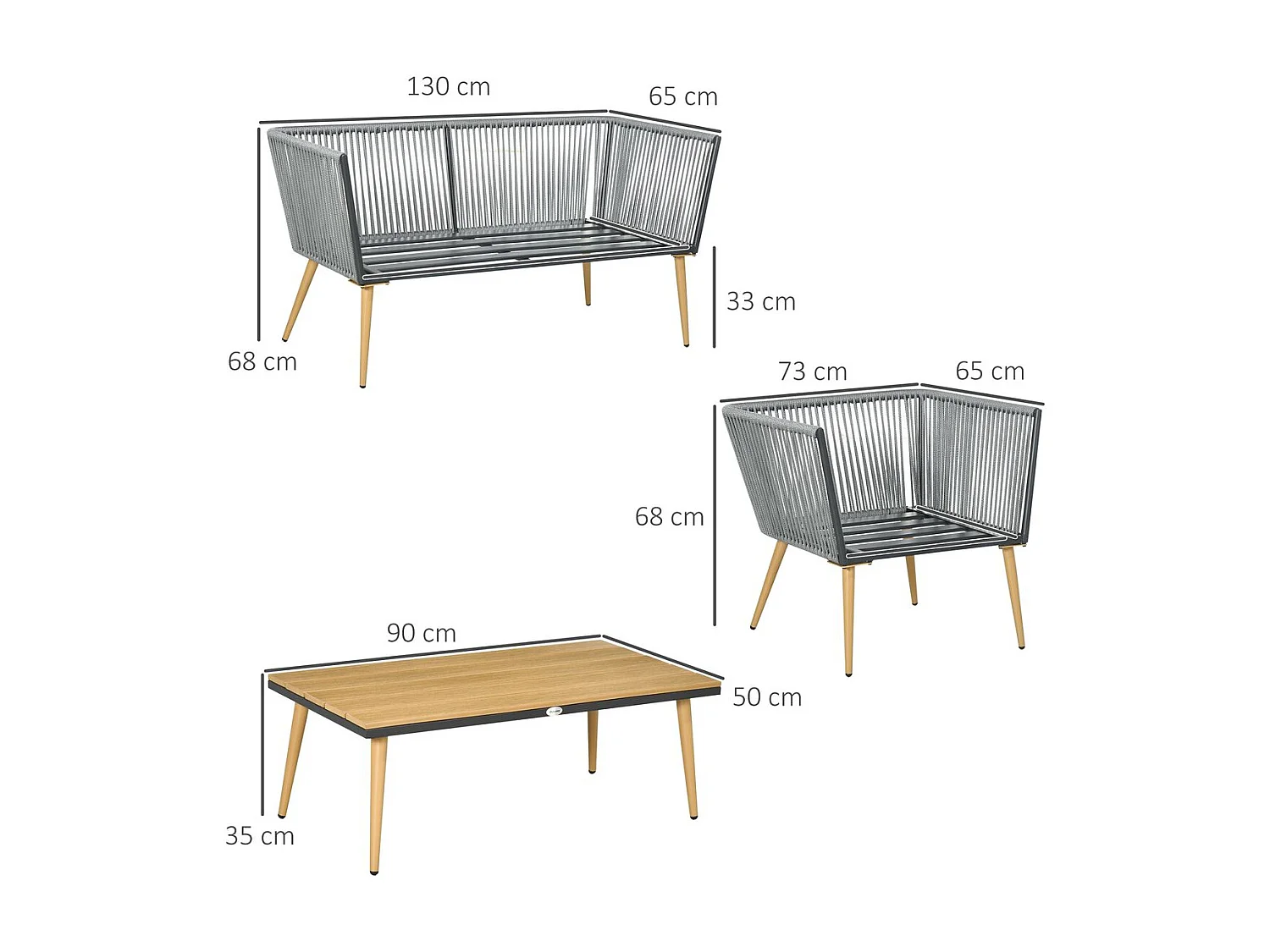 Muebles de ratán gris 130x65x68 cm Outsunny