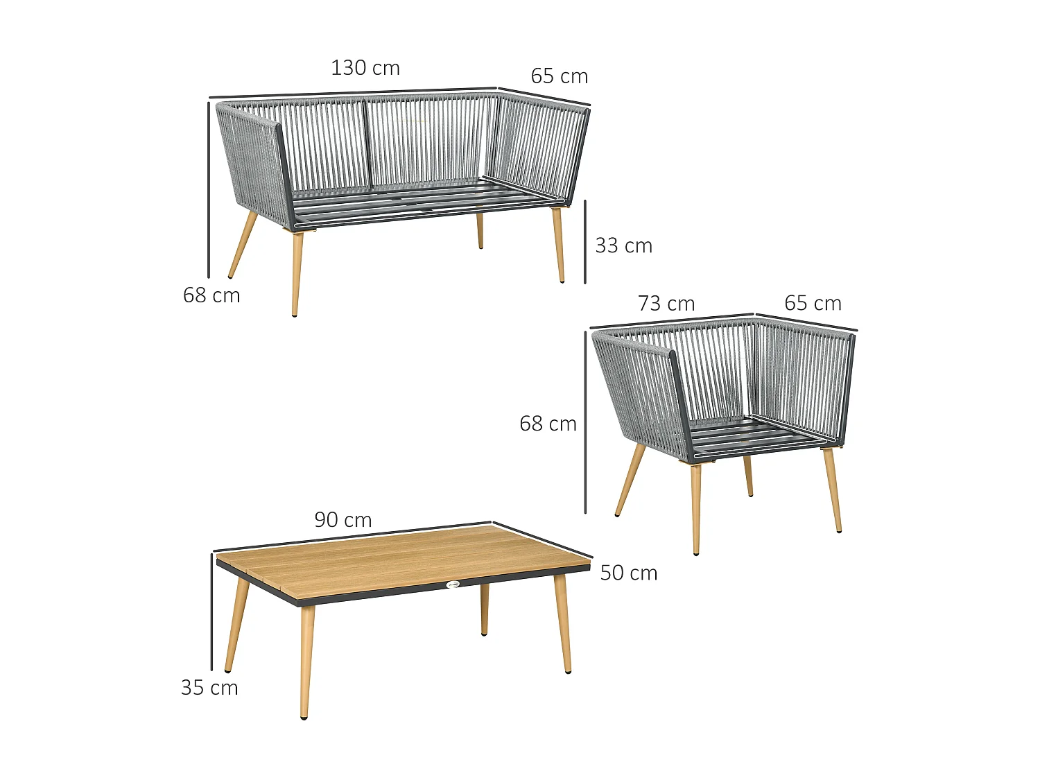 Ensemble de mobilier de jardin – 90 x 50 x 35 cm, 130 x 65 x 68 cm, 73 x 65 x 68 cm – Gris – Acier, osier, PE, polyester, mousse, bois, plastique