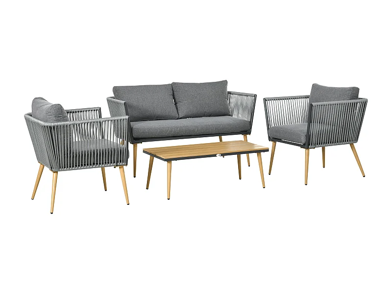 Gartenmöbel-Set – 90x50x35 cm, 130x65x68 cm, 73x65x68 cm – Grau – Stahl, Rattan, PE, Polyester, Schaumstoff, Holz, Kunststoff