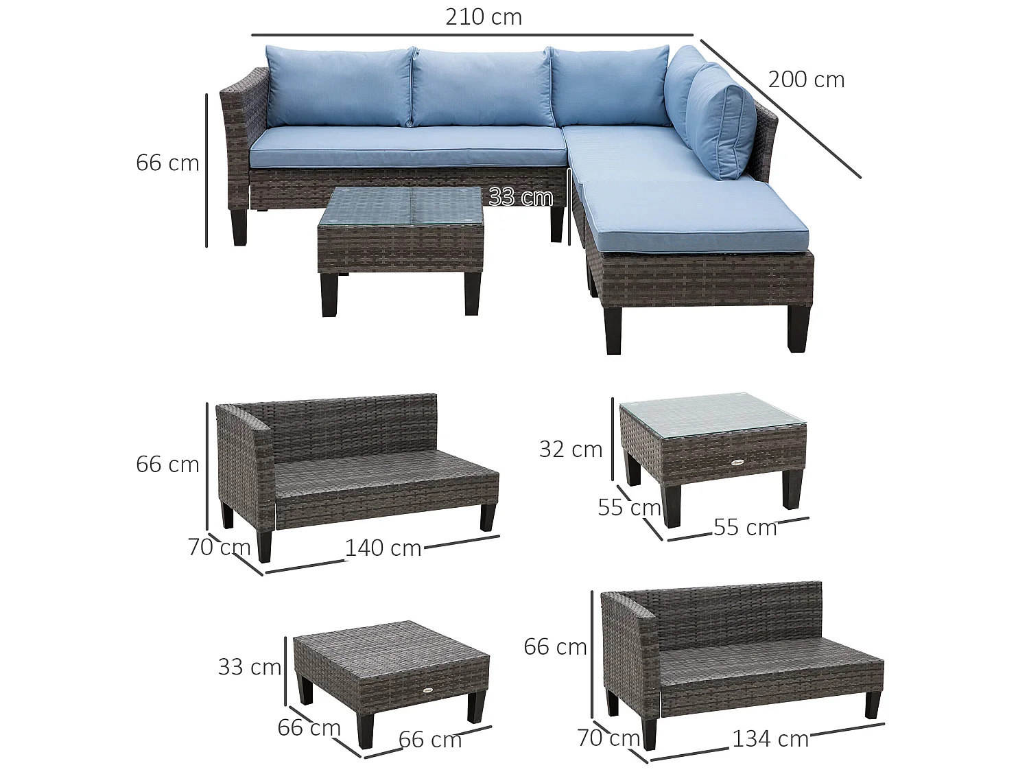Conjunto de sofás de ratán azul 140x70x66 cm Outsunny
