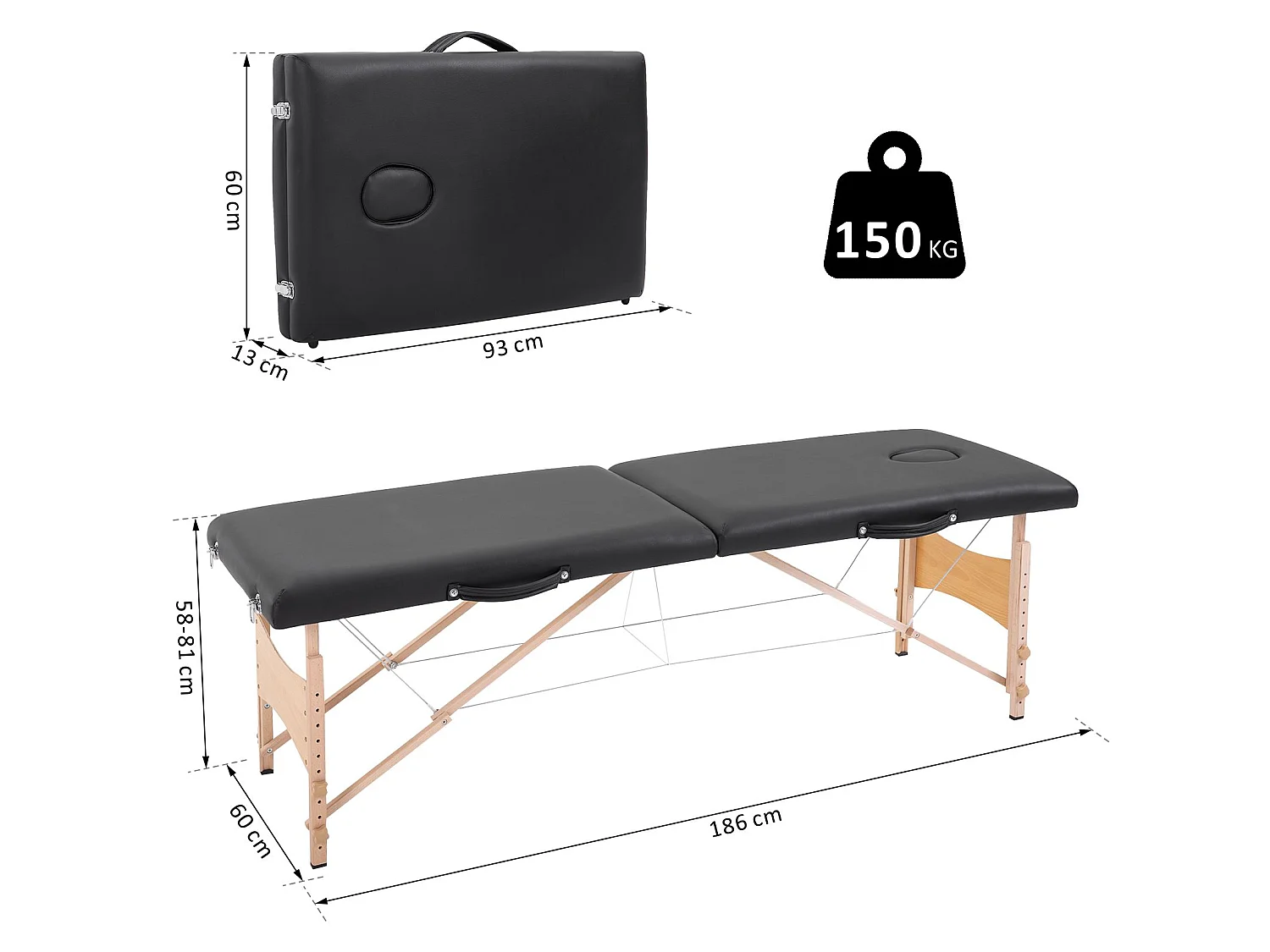 Camilla de masaje negro 186x60x81 cm HOMCOM