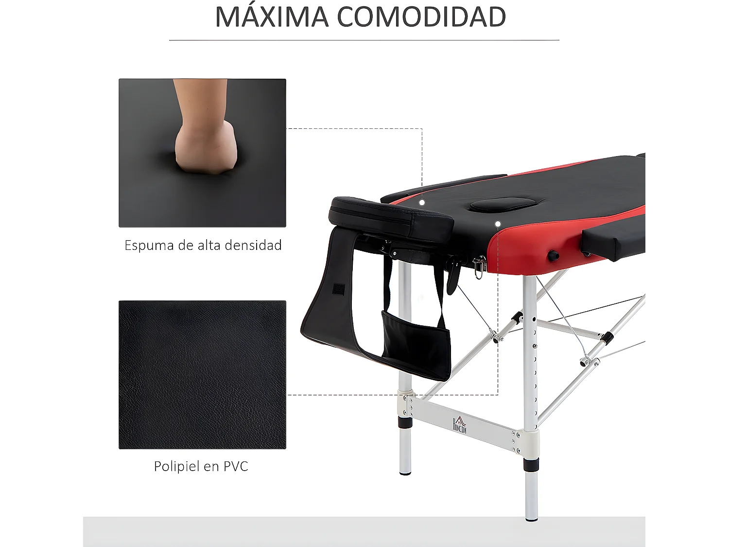Camilla de masaje plegable negro y rojo 185x60x62-82 cm HOMCOM