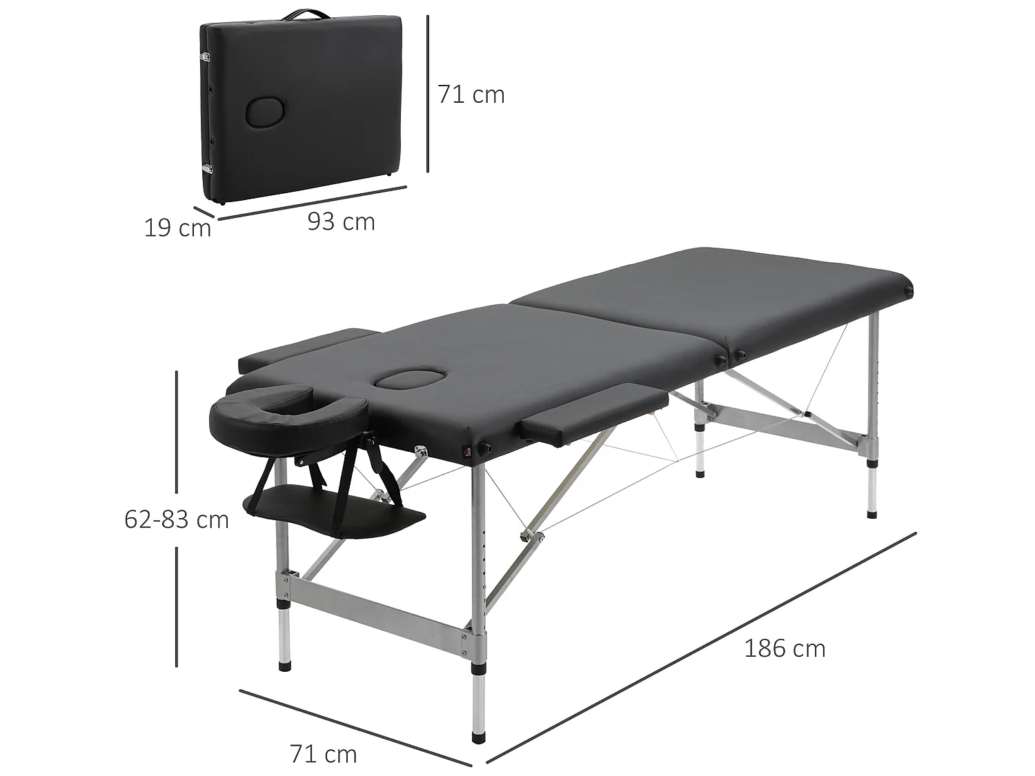 Camilla de masaje negro 186x71x83 cm HOMCOM