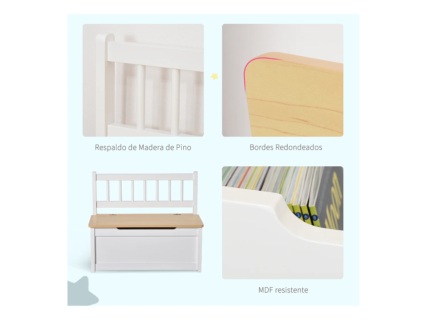 Baúl de juguetes para niños blanco 60x30x50 cm HOMCOM