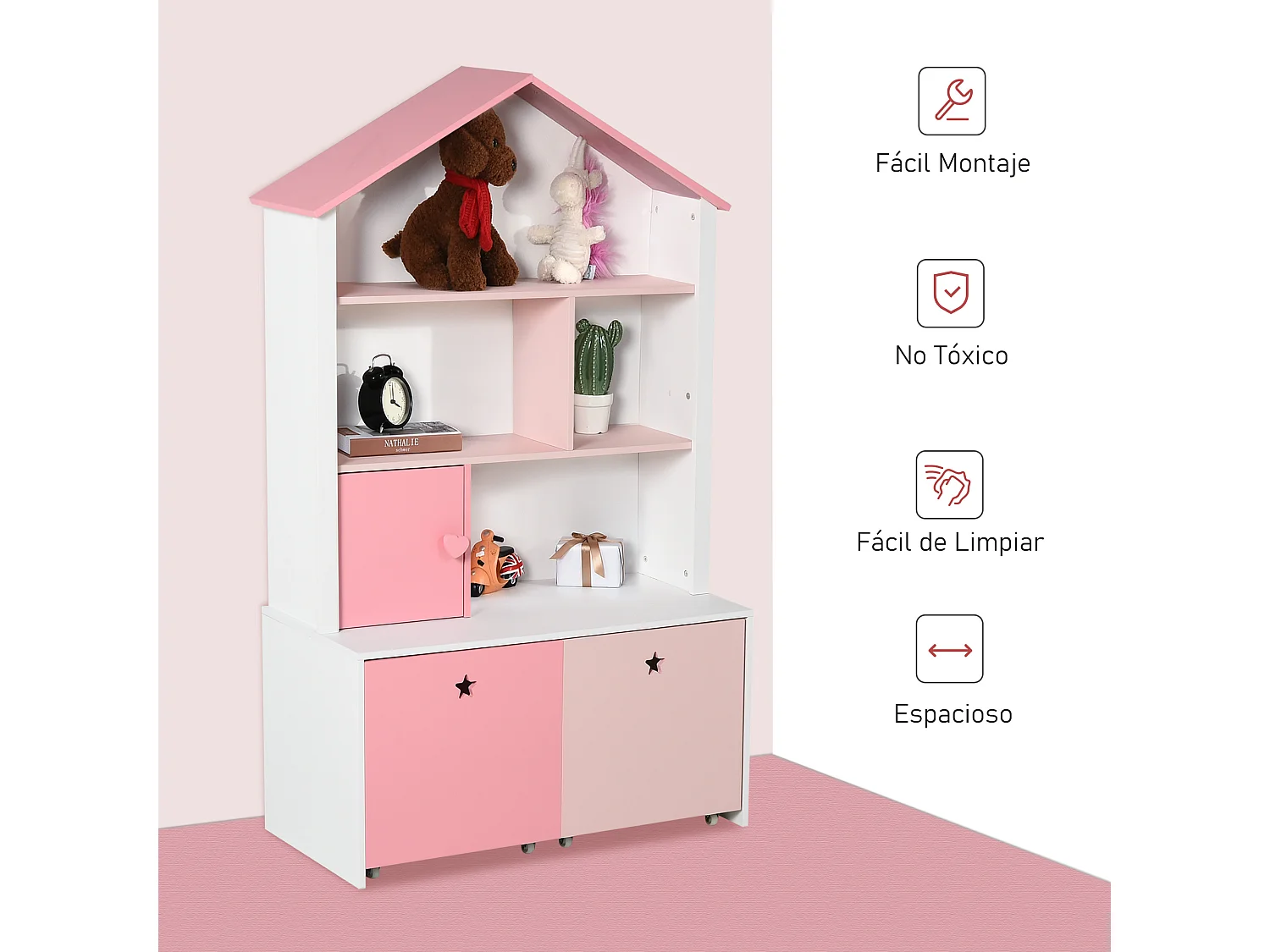 Estantería infantil rosa y blanco 80x34x130 cm HOMCOM