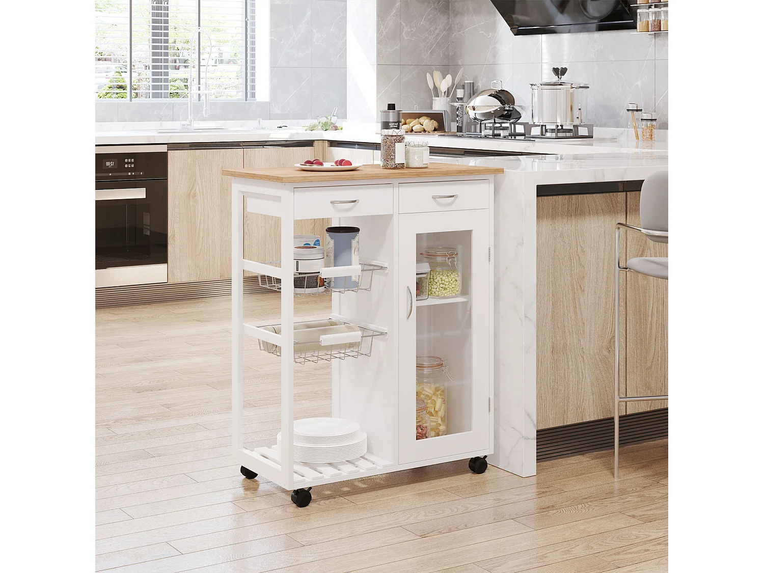 Witte bamboe keukenkar 70x37x85 cm