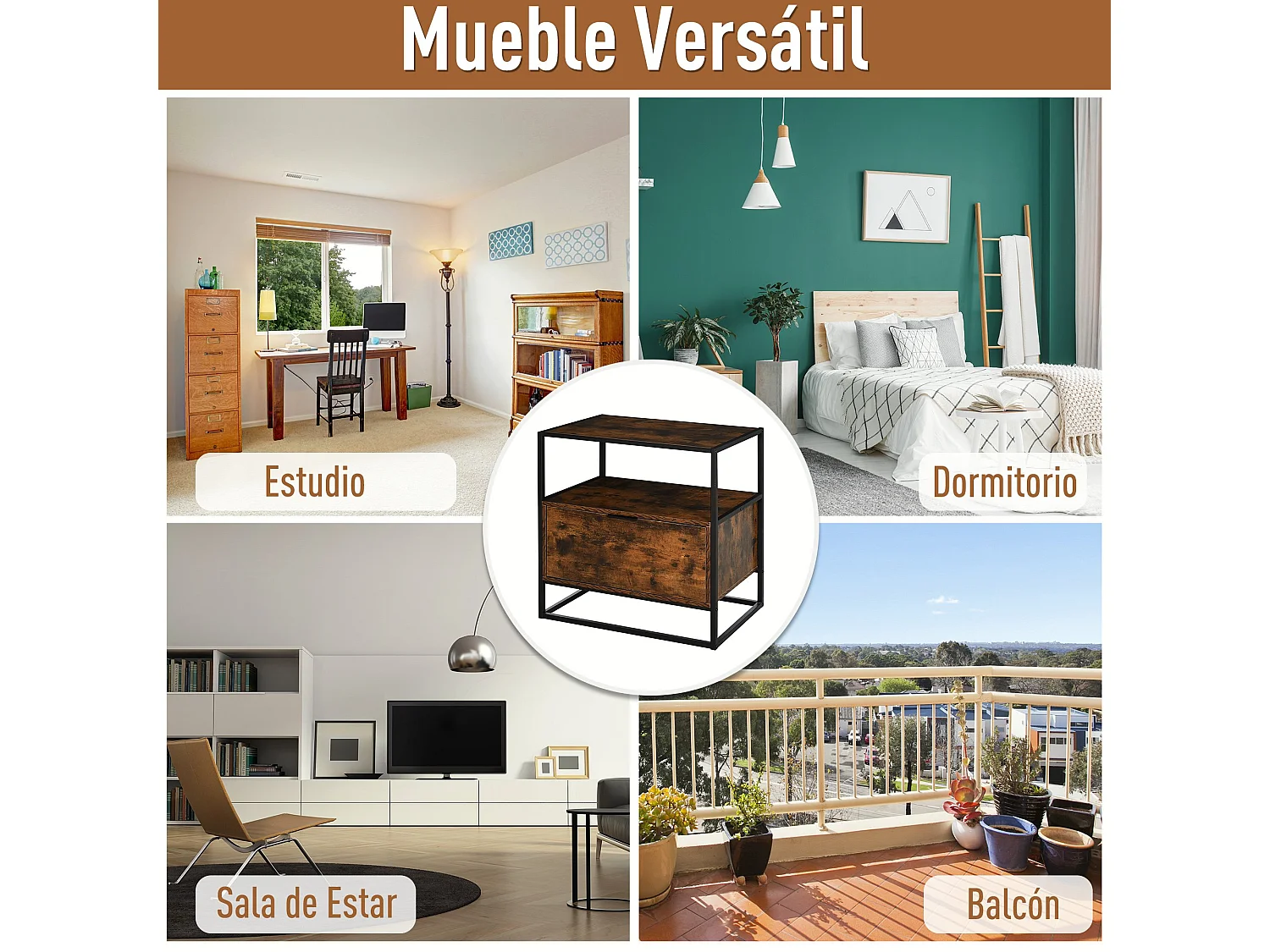 Mesa consola auxiliar negro y marrón rústico 73x45.5x76 cm HOMCOM