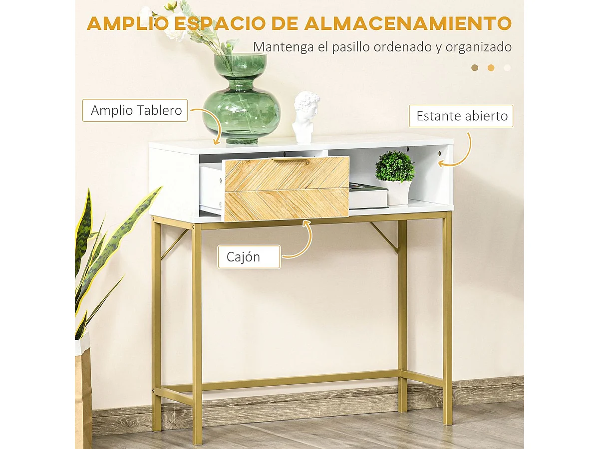 Mesa de consola blanco, madera natural, dorado 80x30x80.5 cm HOMCOM