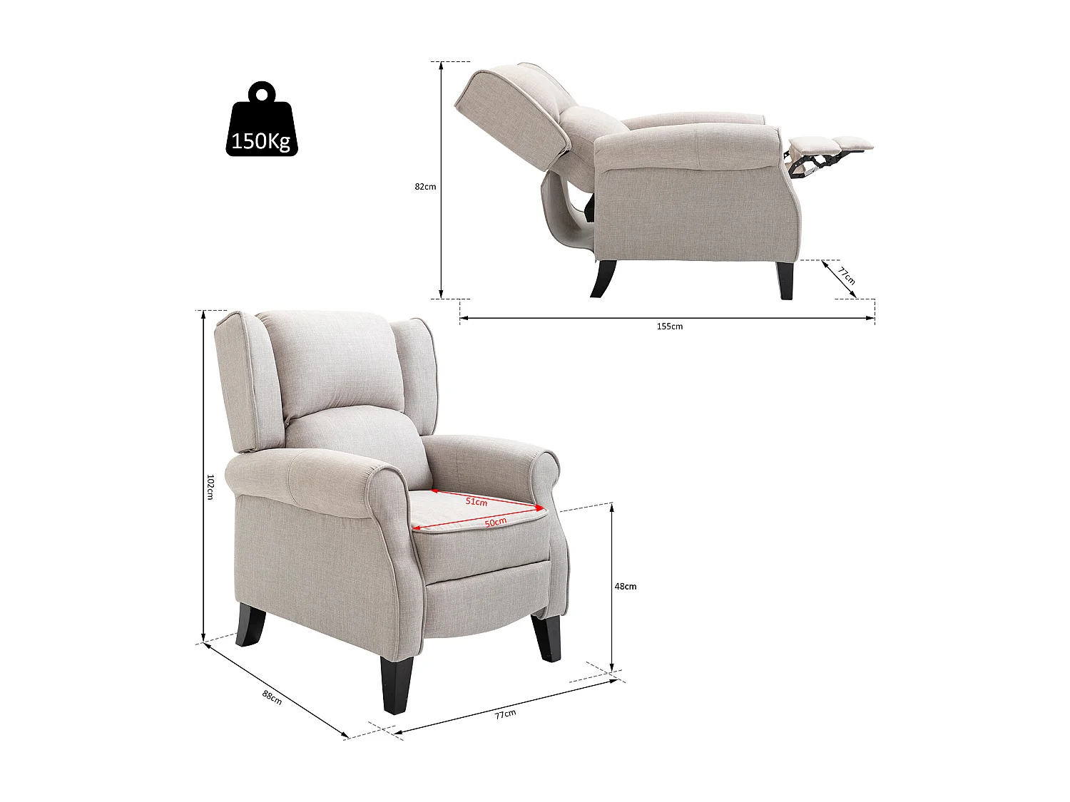 Sillón relax gris claro 77x88x102 cm HOMCOM