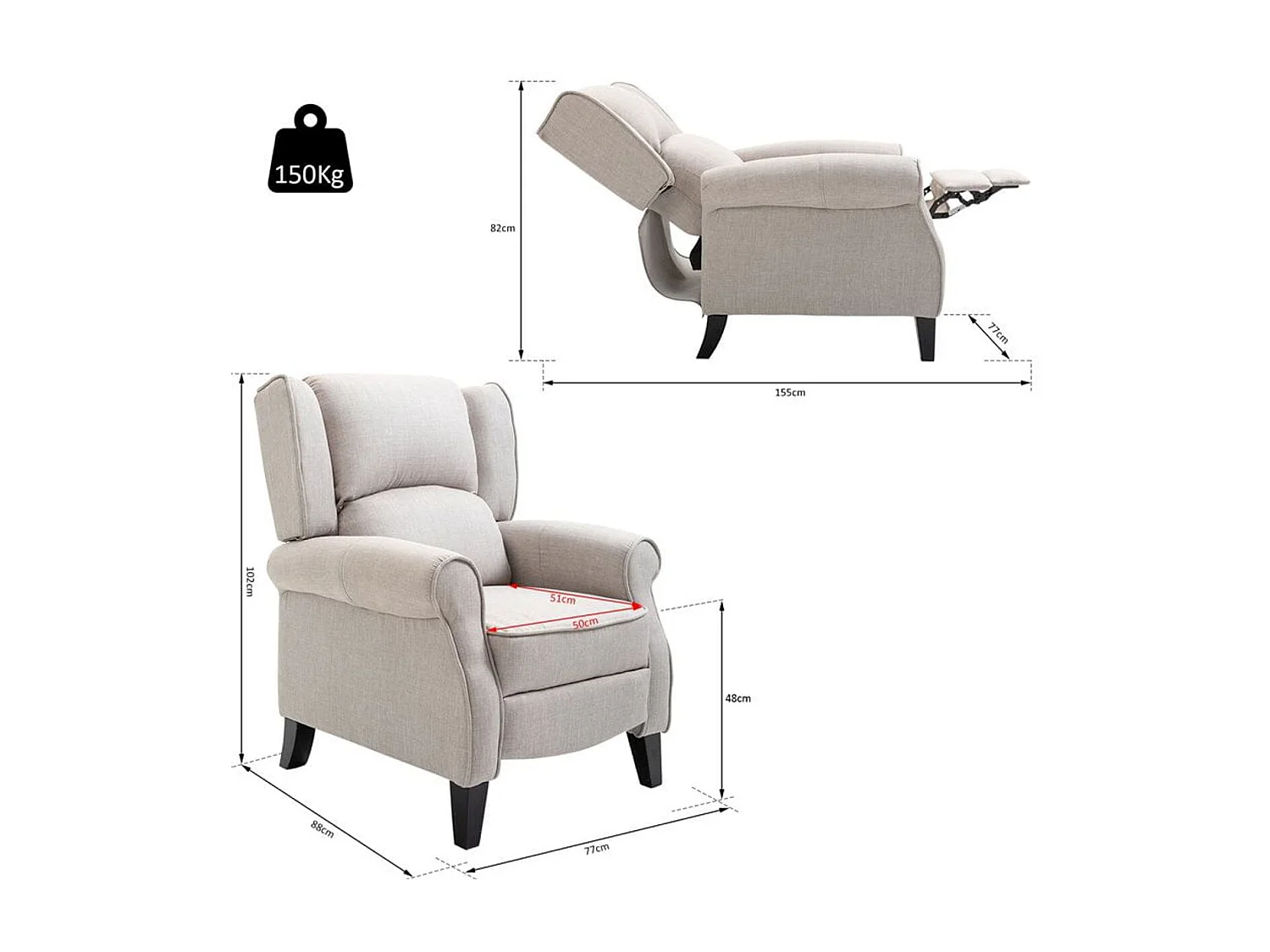 Sillón relax gris claro 77x88x102 cm HOMCOM