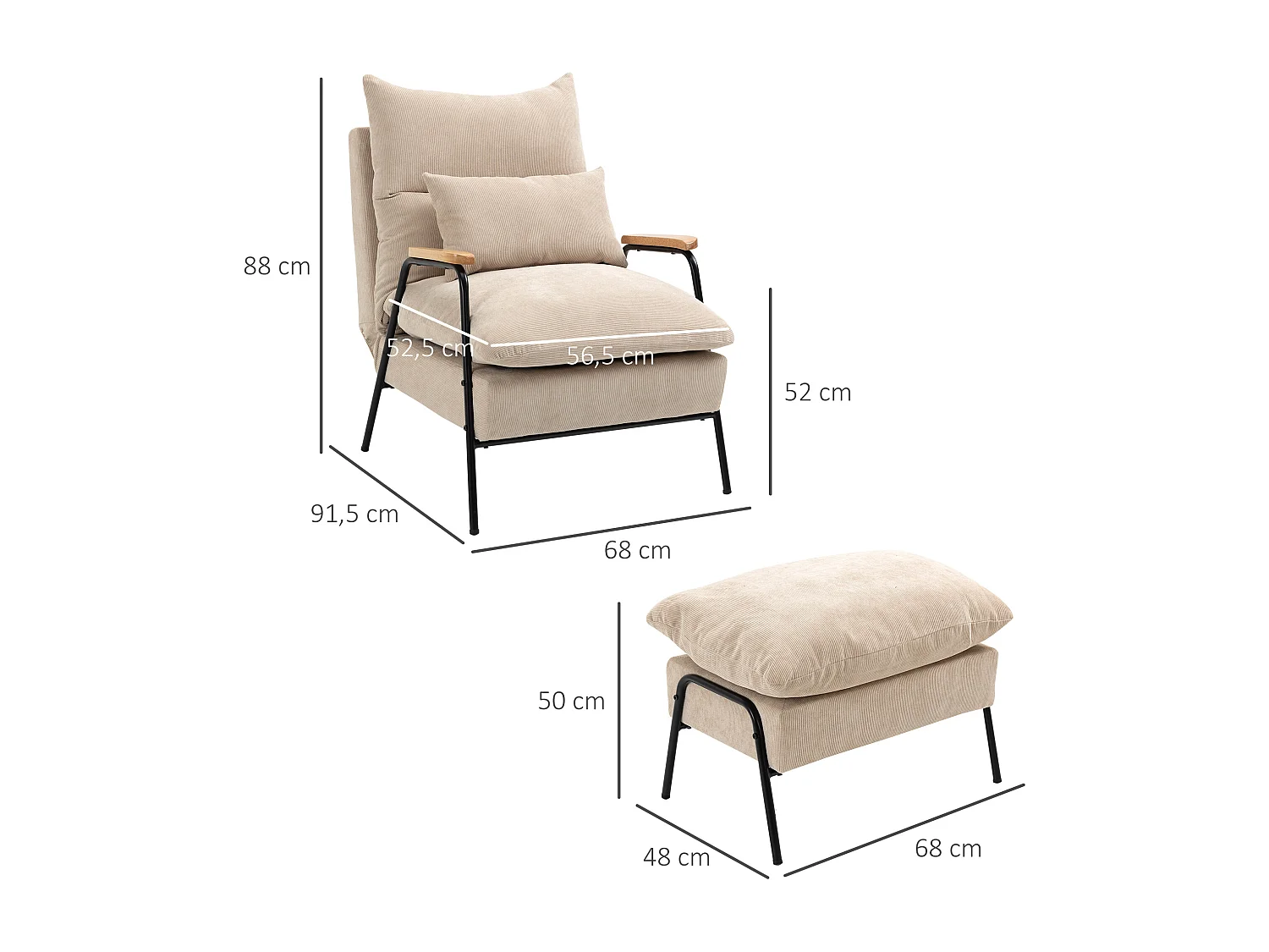Sillón con reposapiés beige 68x91.5x88 cm HOMCOM