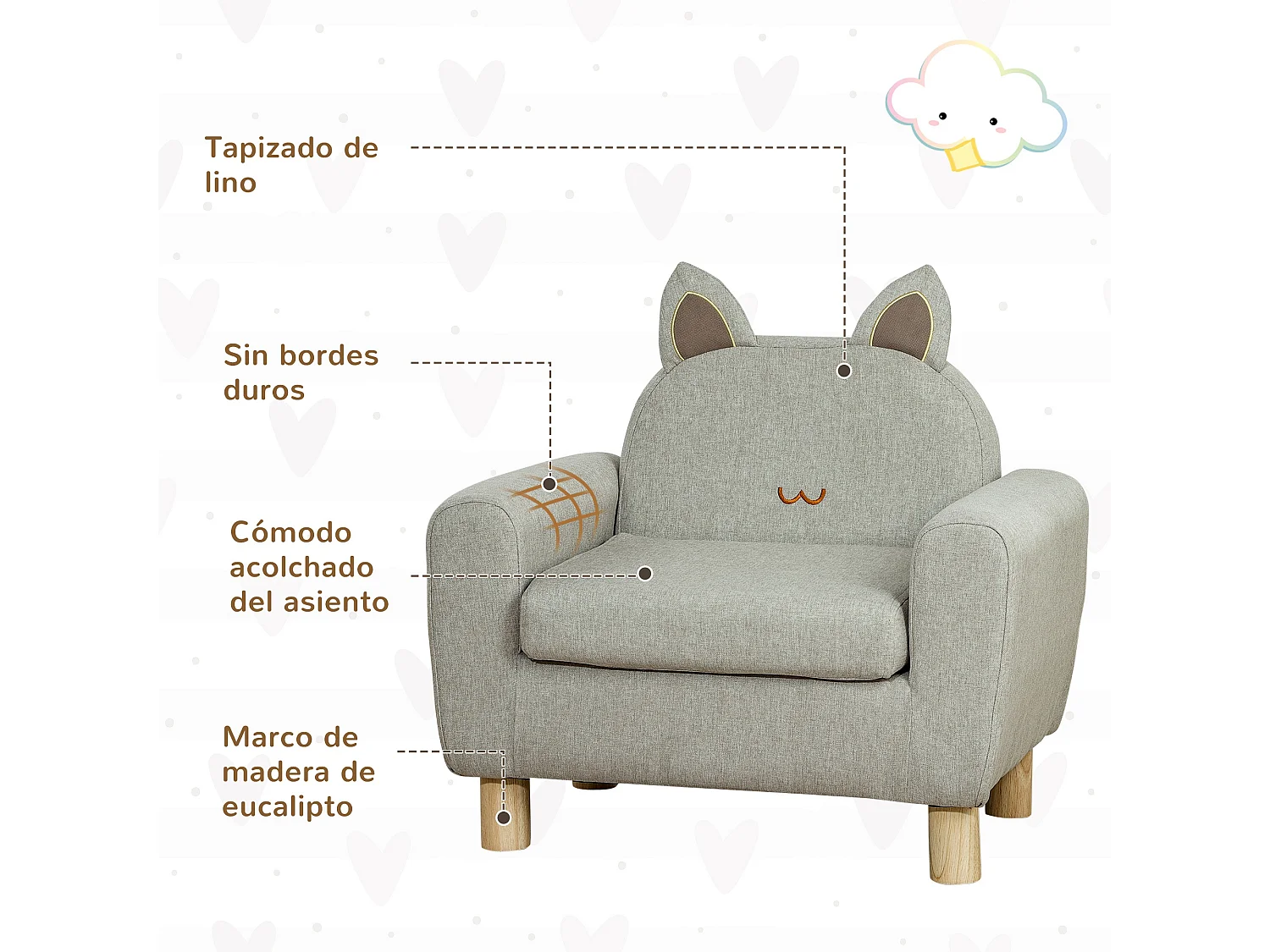 Sillón infantil gris 61x42x53 cm HOMCOM