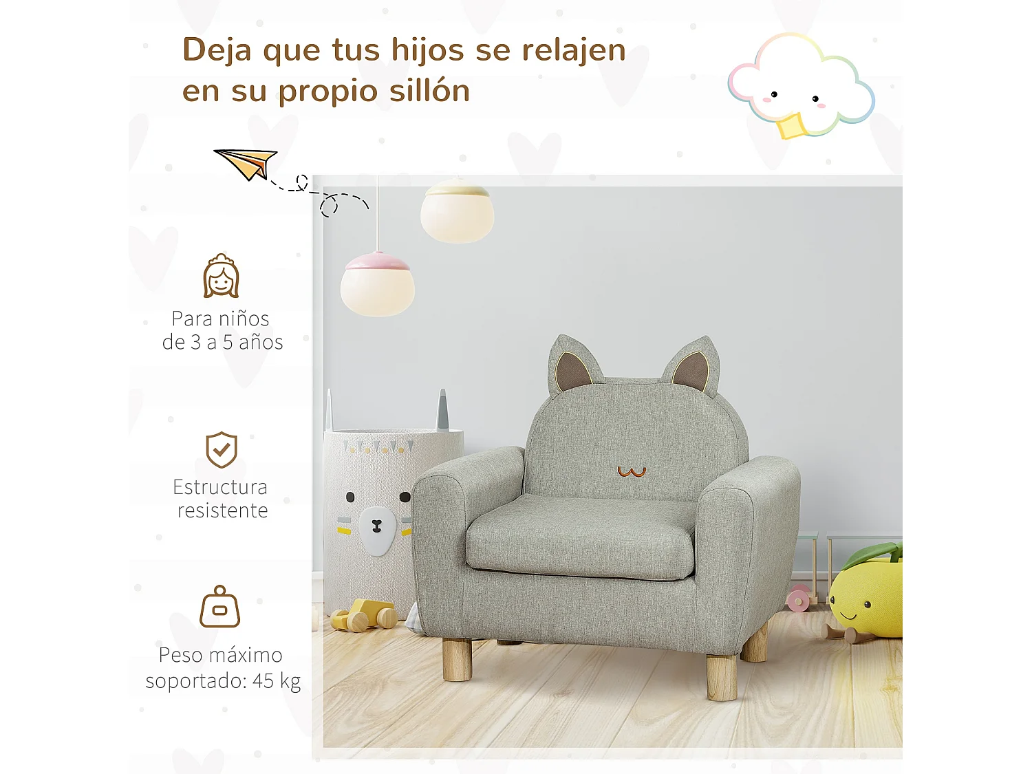 Sillón infantil gris 61x42x53 cm HOMCOM
